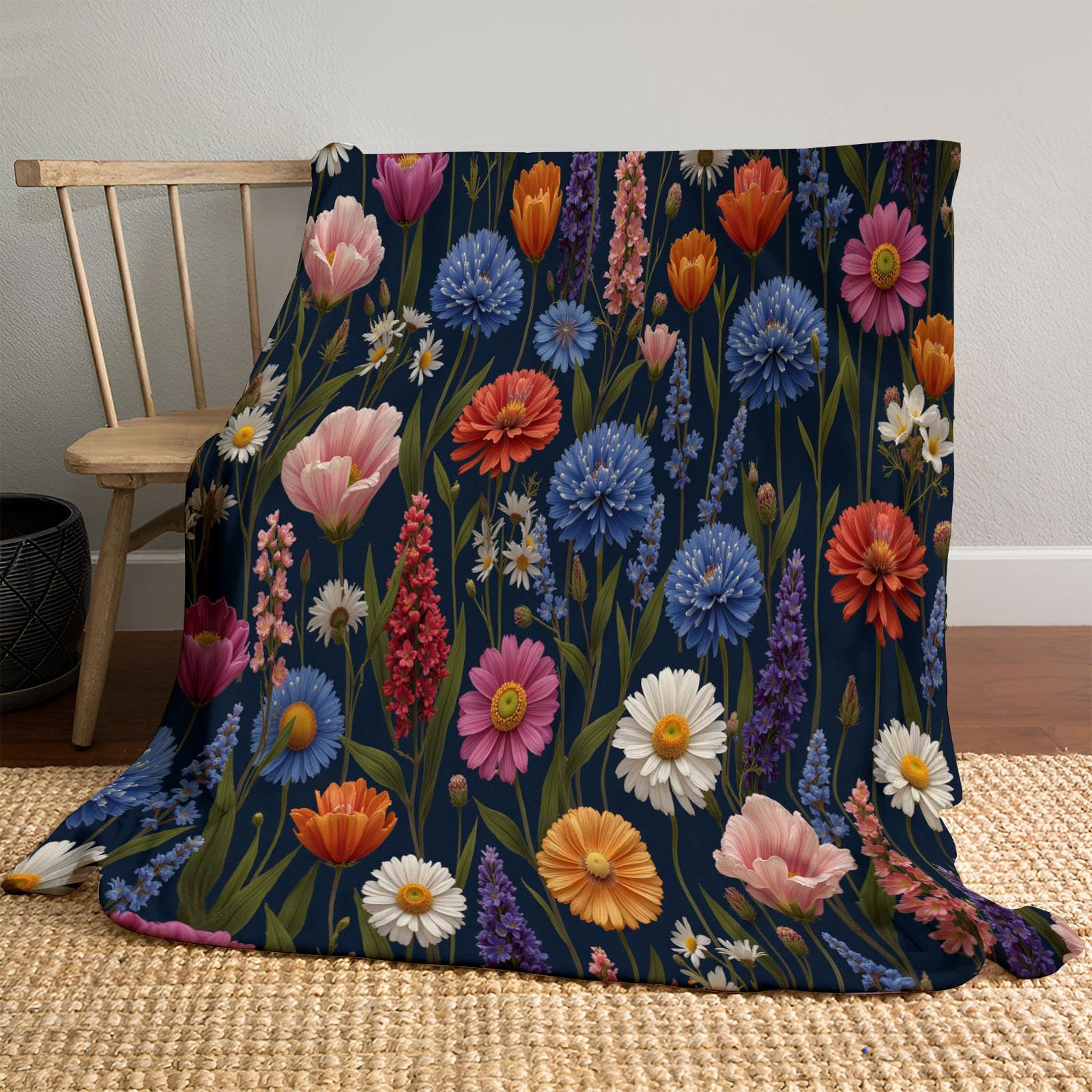 Couverture polaire flanelle 150x200cm motif marguerite coquelicot pour canapé et lit