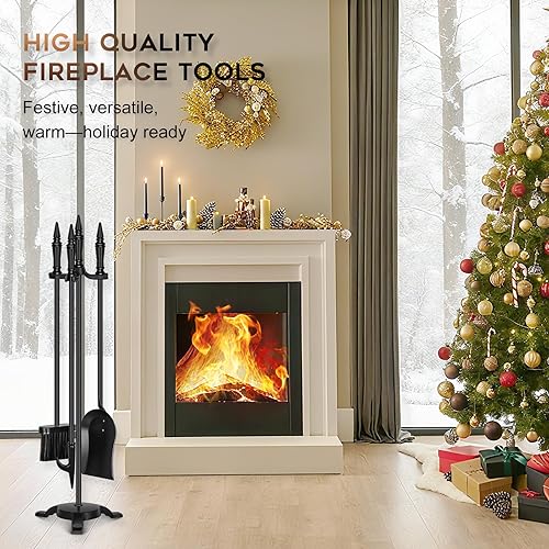 Miniatura 8 de FEED GARDEN Juego de 4 herramientas para chimenea de hierro forjado para interiores y exteriores, de 31 pulgadas, accesorios negros para chimenea
