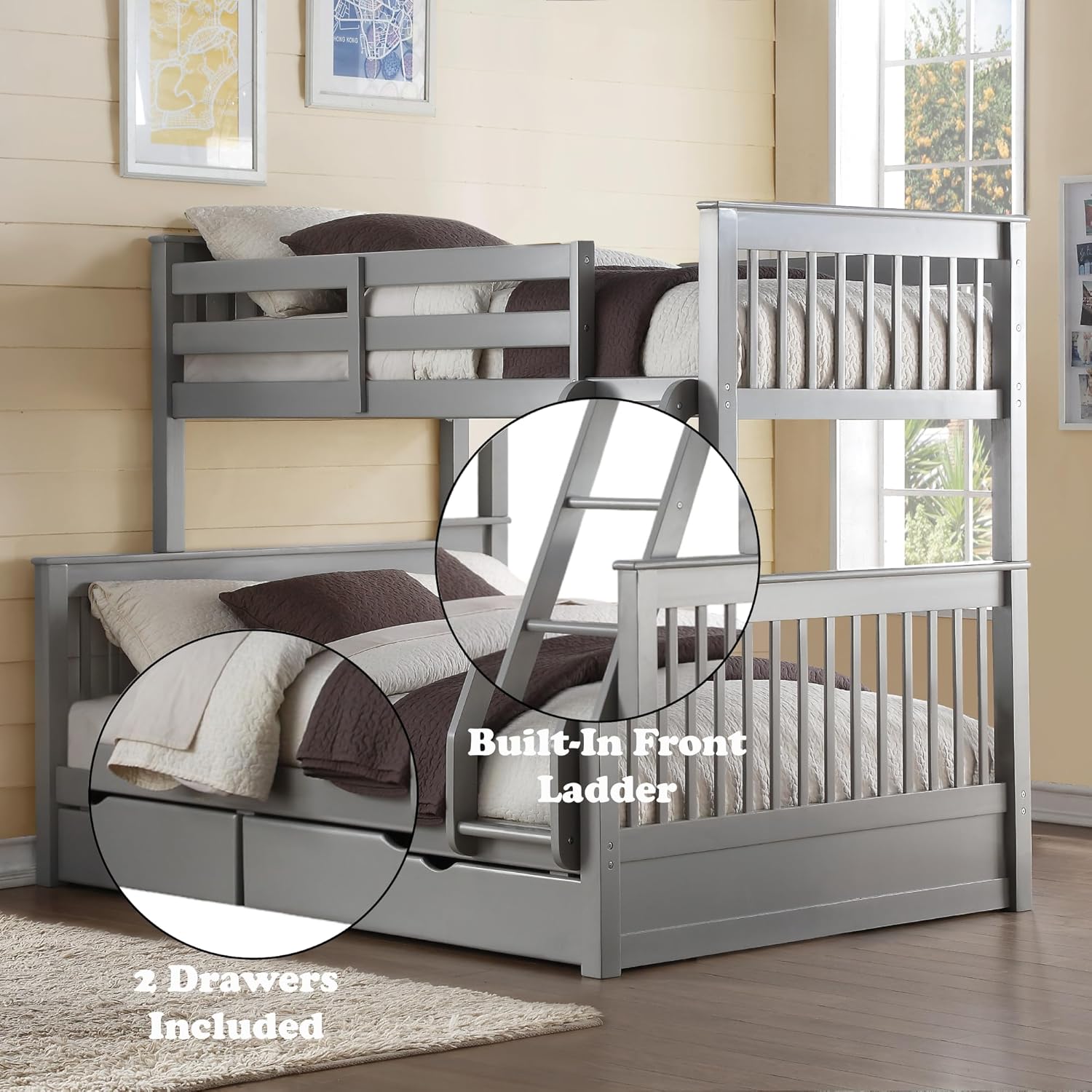 Acme Haley II Twin/Full Wooden Bunk Bed with 2 Drawers in Gray