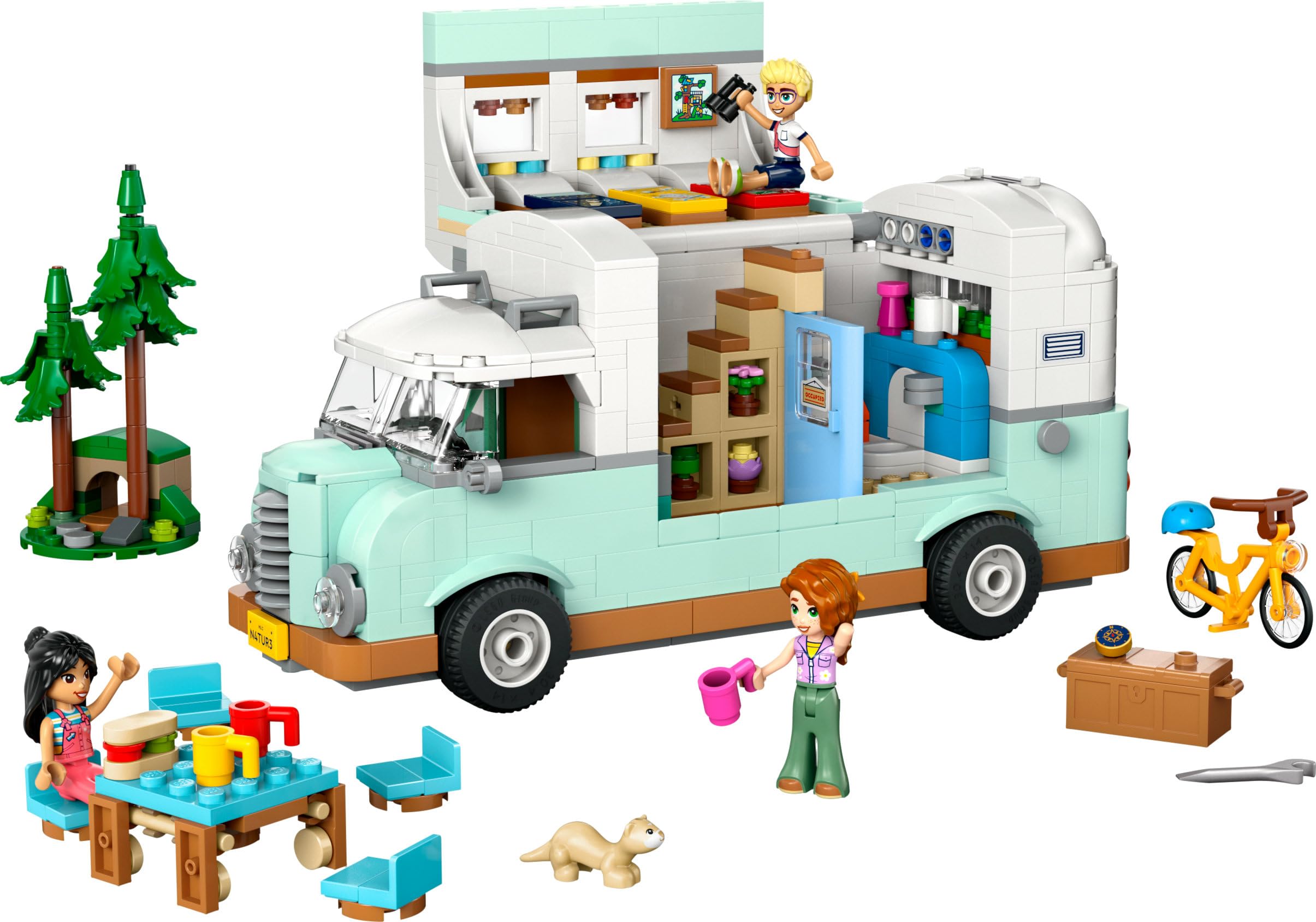 LEGO Friends Aventura en la Caravana de la Amistad, Autocaravana de Juguete con 3 Mini Muñecos, Figura de Hurón, Regalo para Niñas de 7 Años o Más, Furgoneta Camper, Prismáticos y Más Accesorios 42663