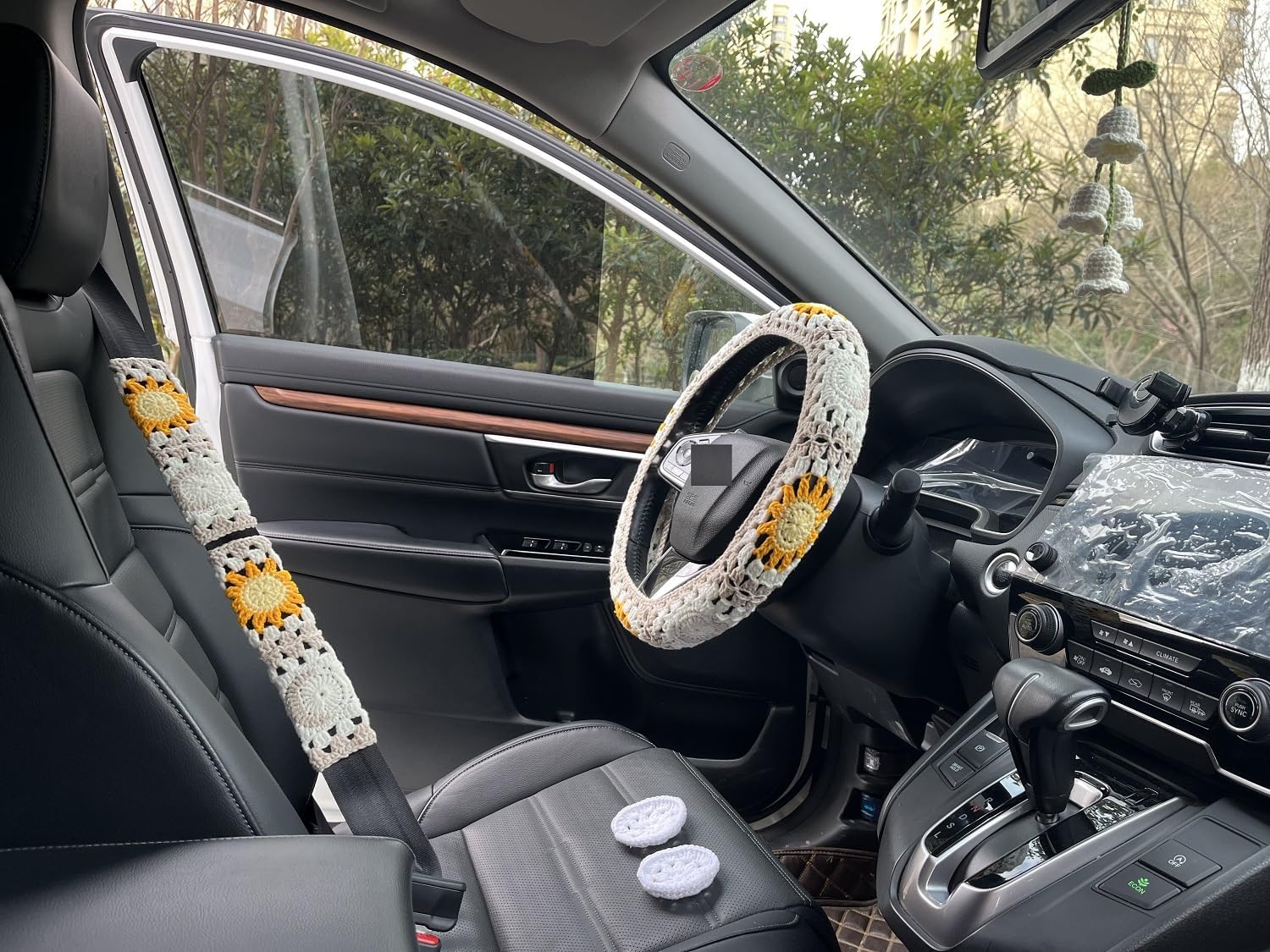 Handmade Crochet Sun Moon Car Steering Wheel Covers Universal 14-15 inch,Cute Steering Wheel Cover,Car Accessories (Wheel Cover+2belt Cover+2Coaster+Hanging)