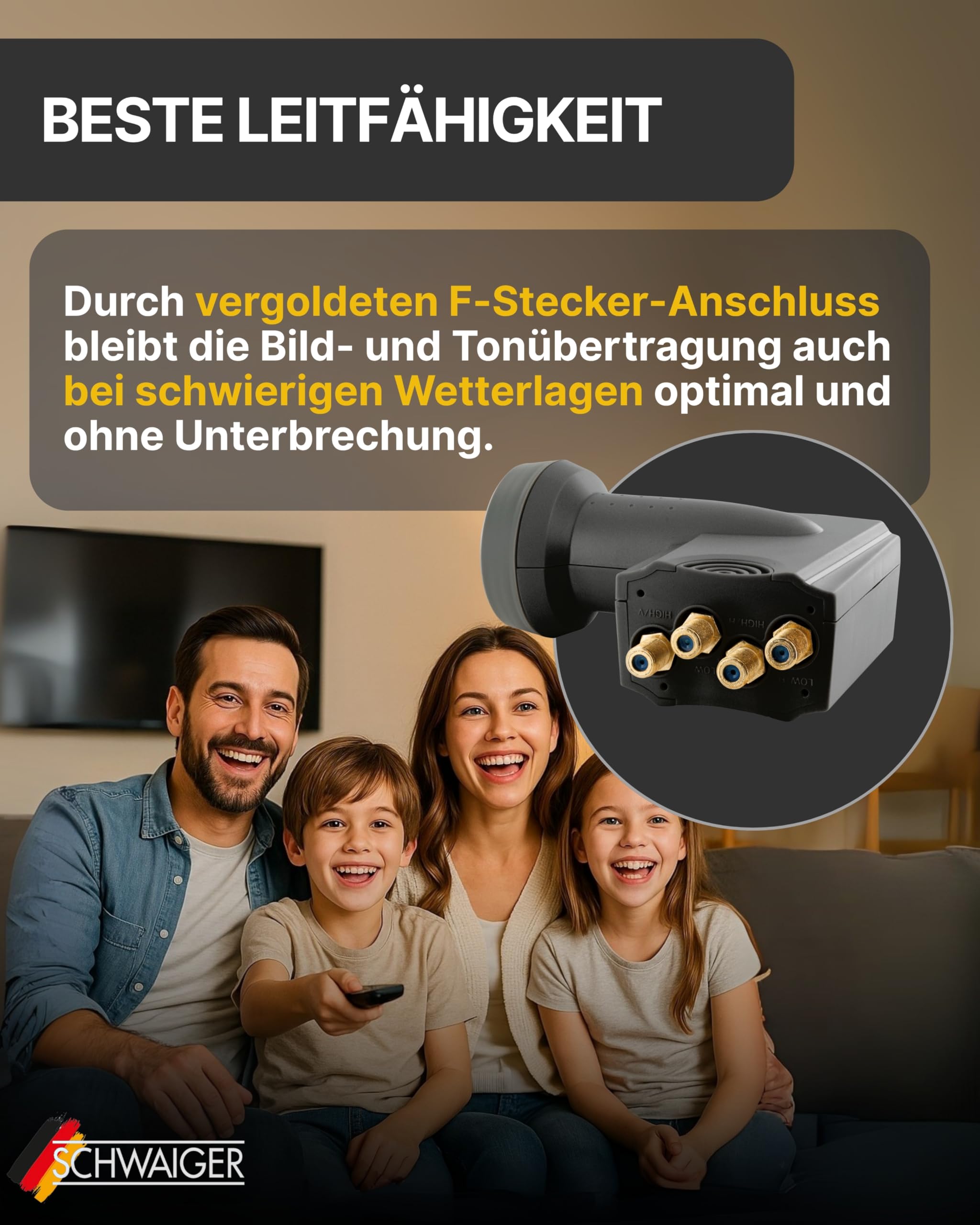 SCHWAIGER Quad LNB digital Sun Protect I Low Noise Blockconverter für 4 Teilnehmer I extrem wetterfest & geeignet für Multifeedanlagen I SAT-Zubehör für störungsfreien Empfang I anthrazit