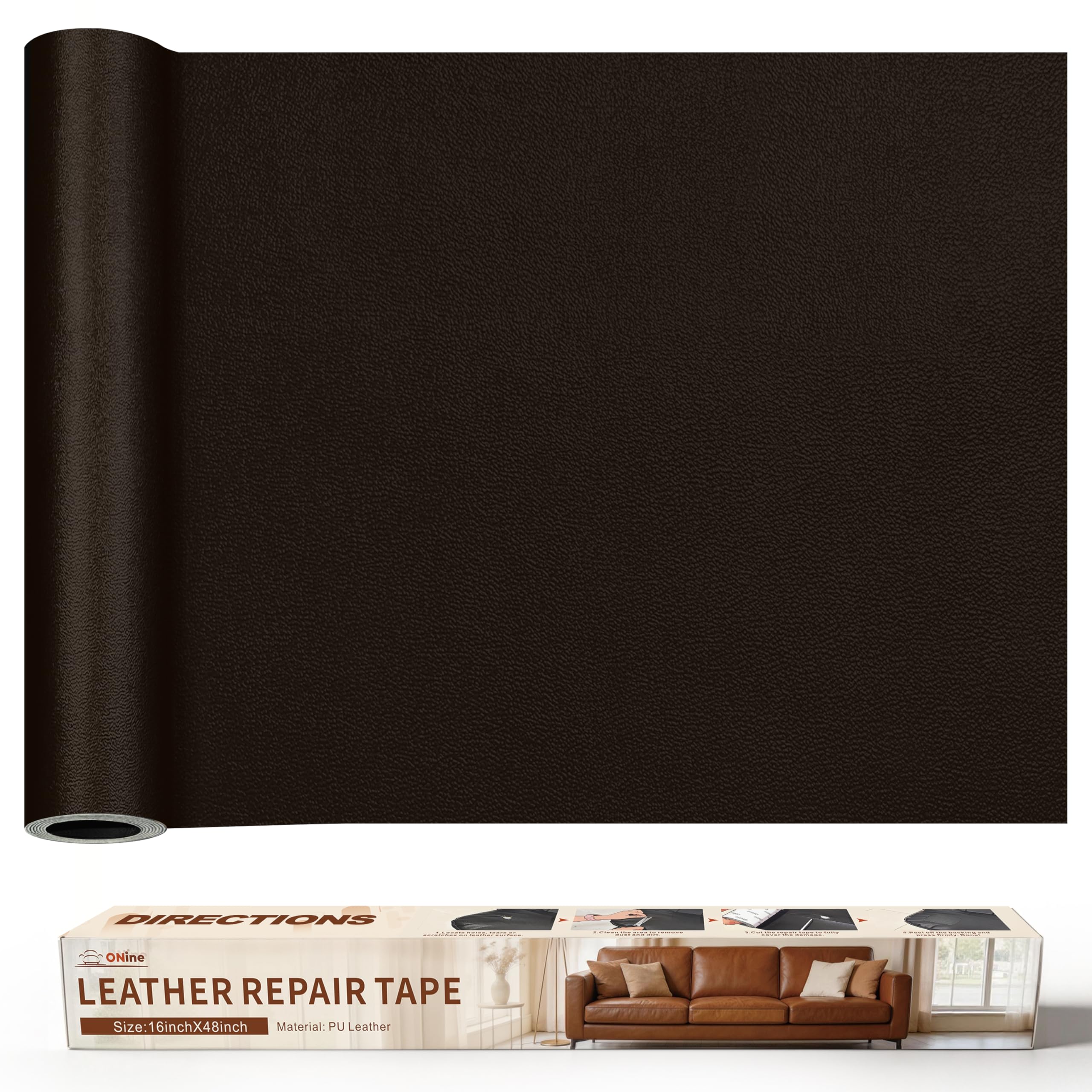 ONine Leather Repair Tape,Self Adhesive Leather Repair Patch,Leather Patches for Furniture,Sofa,Car Seats,Office Chair. Vinyl Repair Kit 16x48in(Dark Brown-Fine Grain)