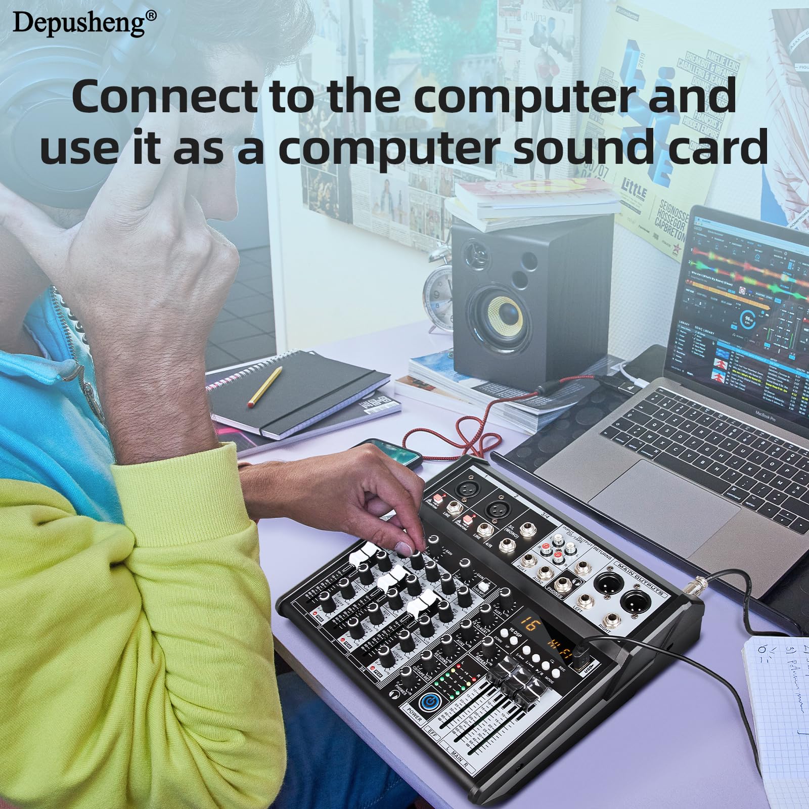Mezclador de Audio Profesional, 4 Canales, Consola de Mezclas con Interfaz de Sonido, Procesador DSP de 16 Bits, Bluetooth, Phantom +48V para Karaoke, Estudio y Grabación