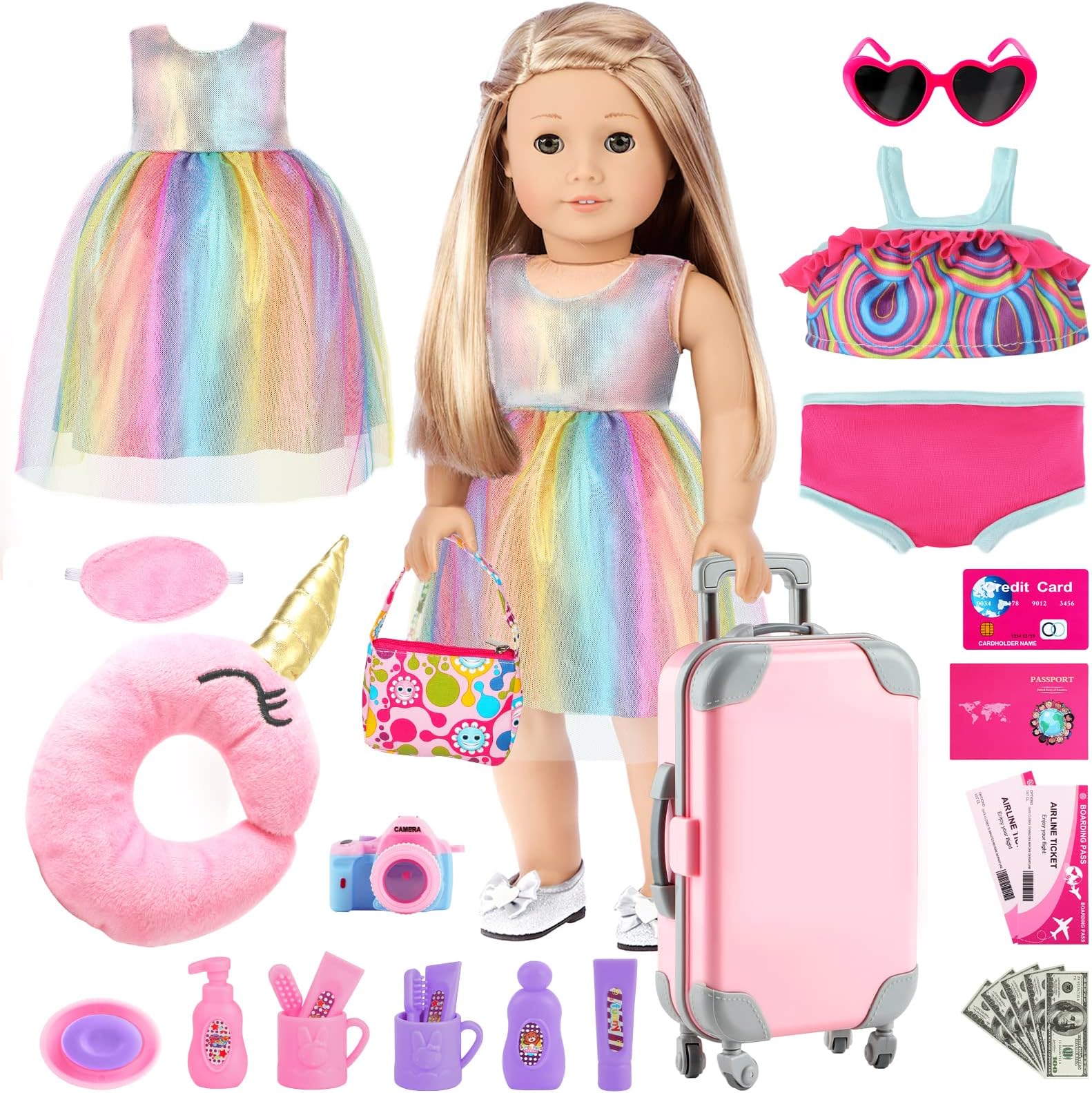 GIFTINBOX 29PCS 18 Inch Girl Doll Clothes and Accessories-Travel Play Set for Dolls, Doll Stuff with Clothes, Luggage, Swimsuit, Wallet cashes... Gifts for Girls Birthday, Christmas