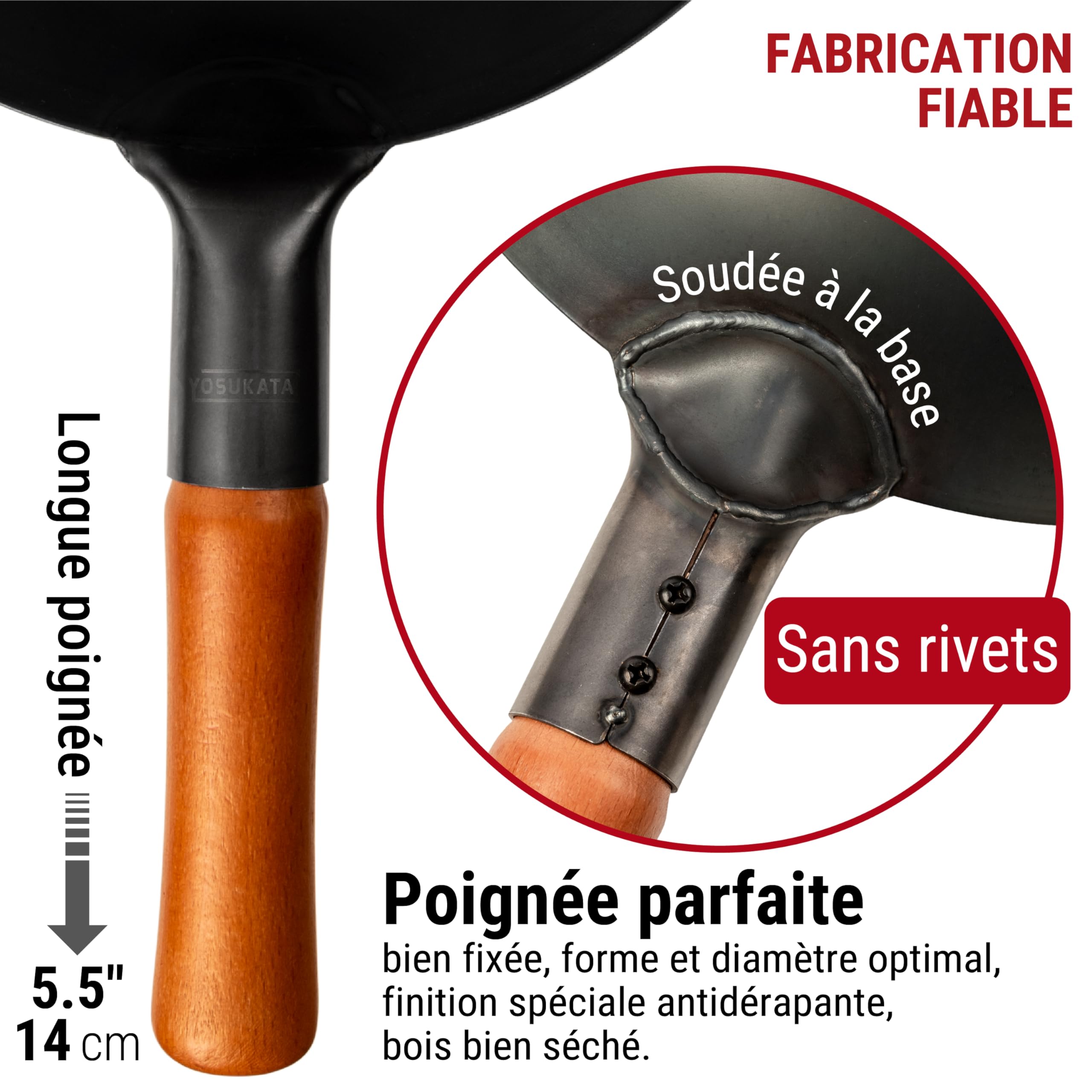 YOSUKATA Woks Et Poêles à Frire 30 cm à Fond Plat Pré-assaisonné Chinois Traditionnel - Wok Acier Carbone Noir Pour Induction, Plaques Électriques, Gaz, Feu Ouvert - Pour Sauté, Barbecue et Camping
