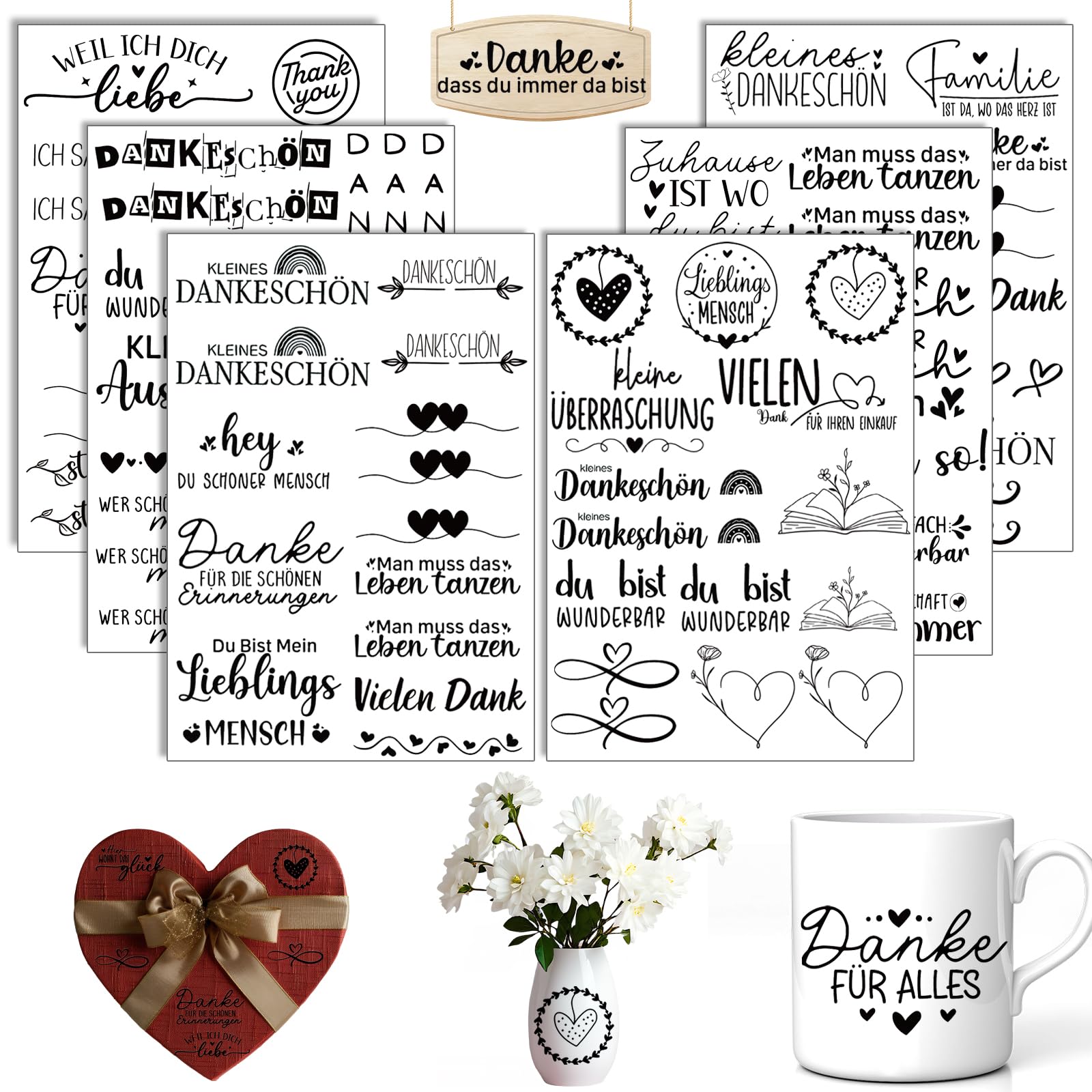 Rub On Sticker Danke, 6 Stück A5 Rub On Aufkleber, Folie Transferaufkleber, für Möbel, Glas, Holz, Scrapbooking, DIY Basteln Deko (Danke)