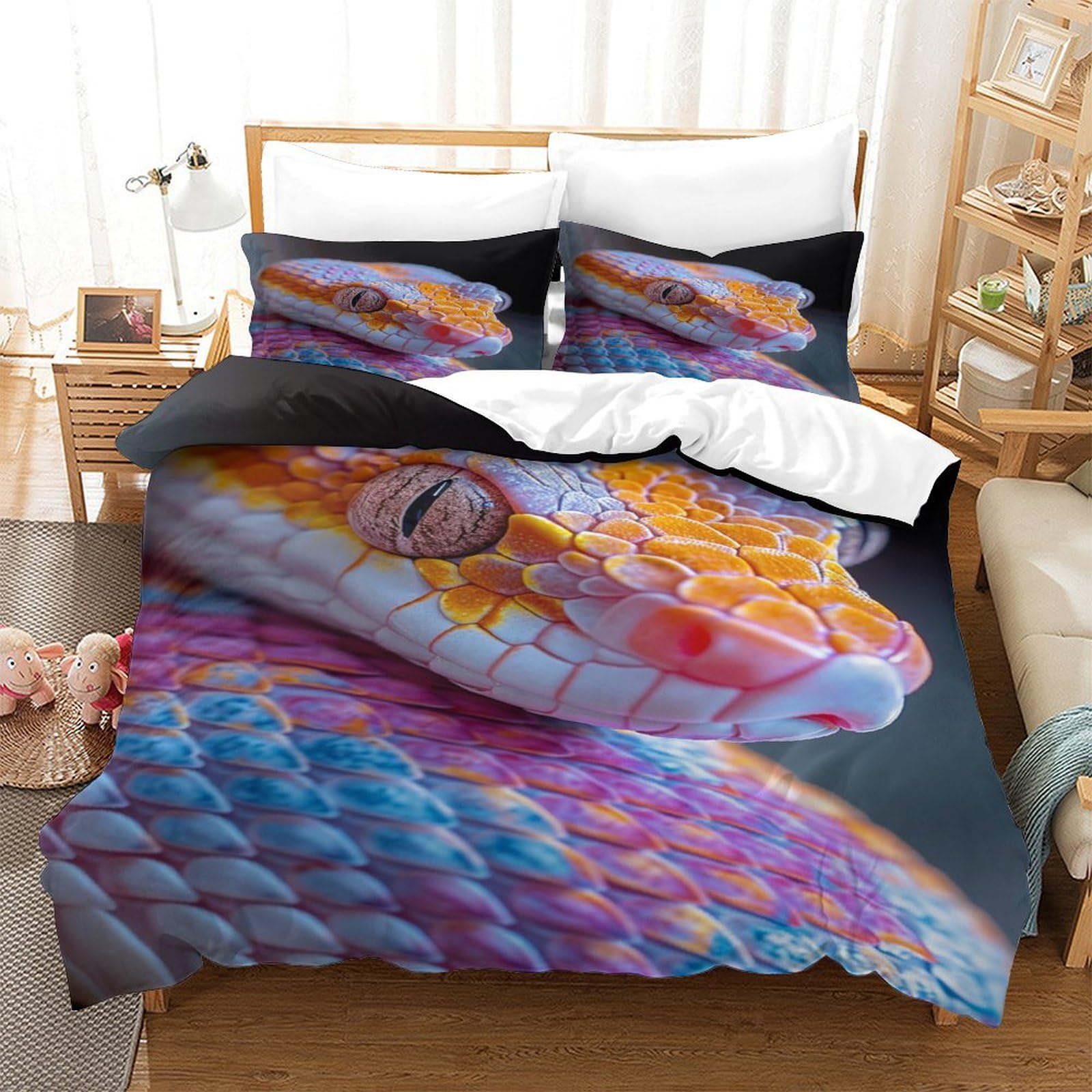 P1S9U7W5Y Colorful Snake Scale 3D Printed Duvet Cover Set 3pcs Microfiber Unique Serpentine Bedding Set for Bedroom Decor Single（140x200cm）
