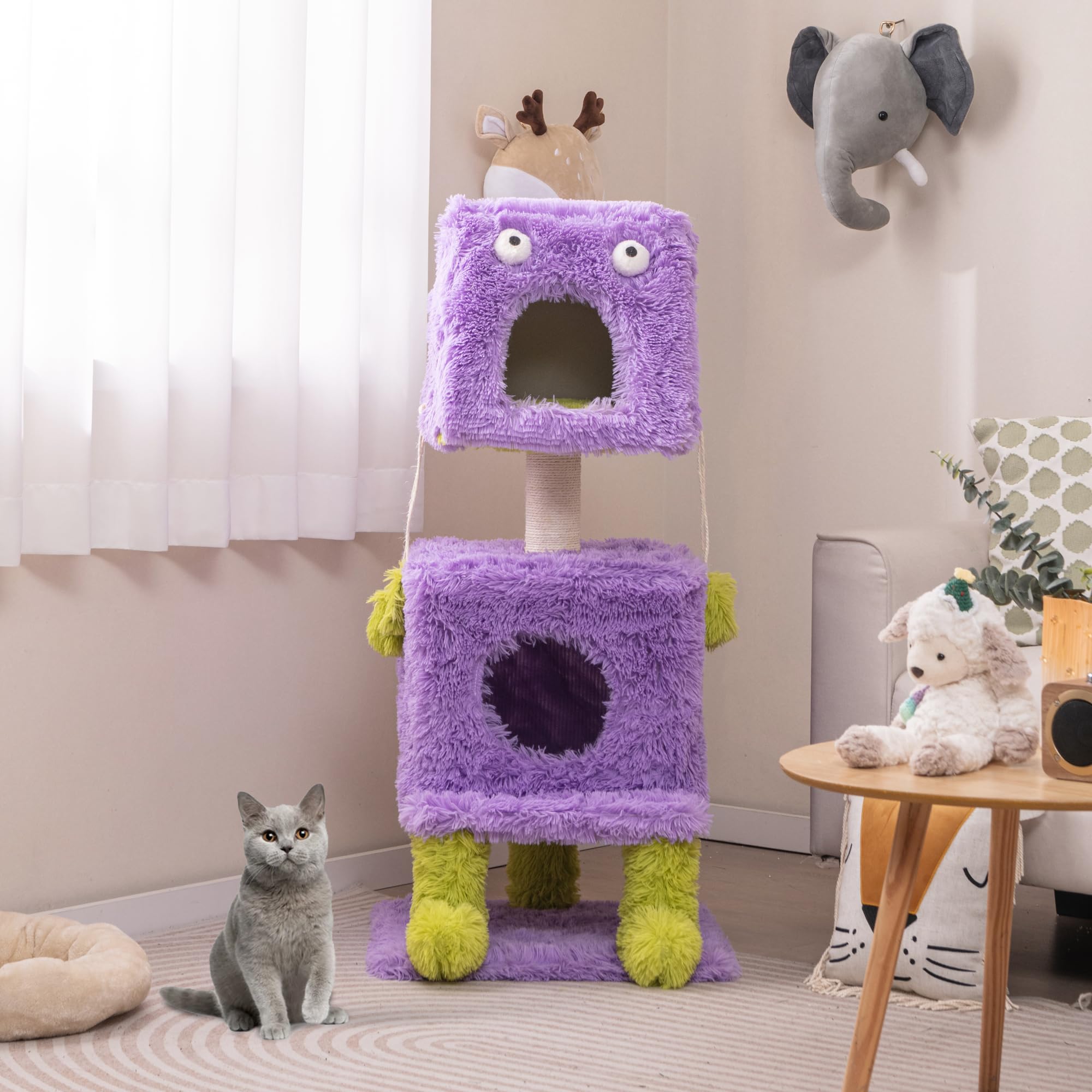 PETSITE 44 inch Monster-Themed Cute Cat Tree, Modern Cat Tree Tower with 2 Cat Condos, Sisal Scratching Post and Hanging Sound-Making Toys for Indoor Cats