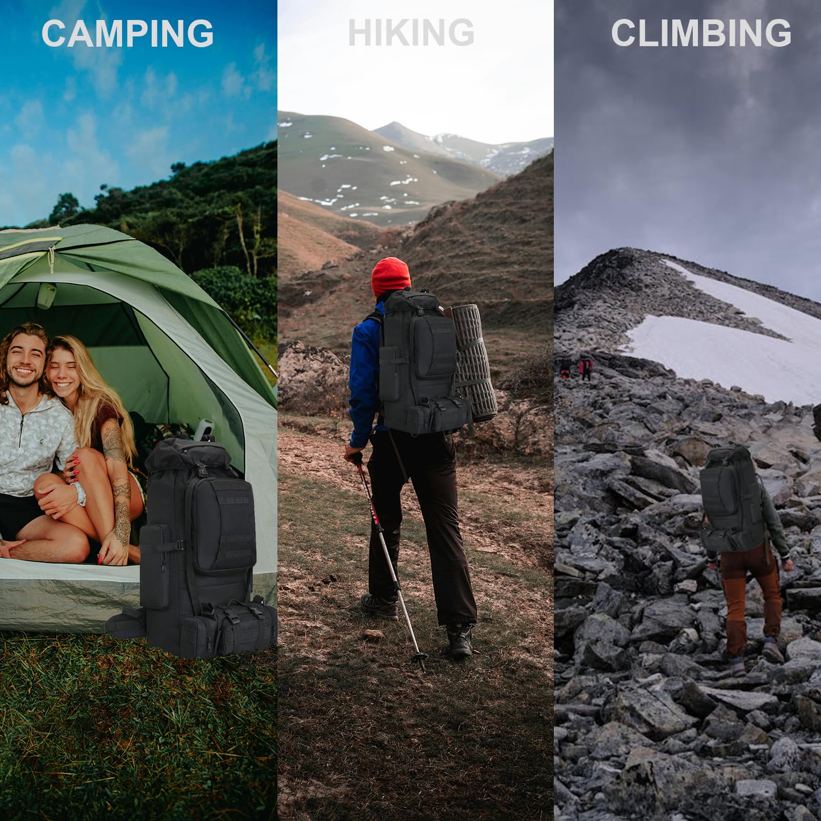 Al aire libre Mochila de senderismo de 100 l Mochila Táctica Militar Camuflaje Molle Mochilas de Marcha Ligero Impermeable Gran capacidad Bolso de Viaje para Senderismo Acampada, Montañismo, Caza