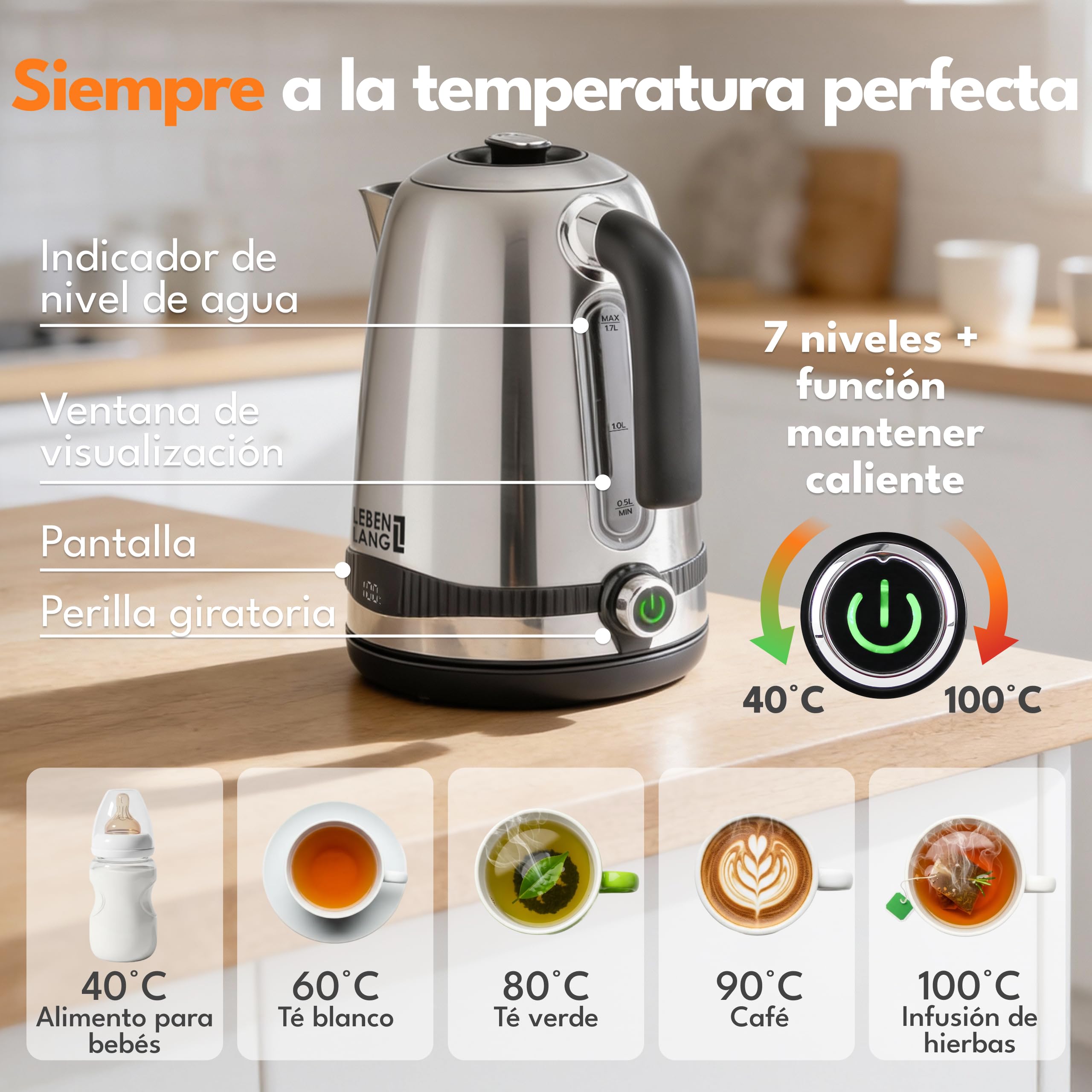 LEBENLANG Hervidor de agua de acero inoxidable con ajuste de temperatura - silencioso, con indicación de temperatura y función de mantenimiento del calor - 1,7l y 2200W | Hervidor de agua eléctrico | Silencioso, con indicación de temperatura y función de