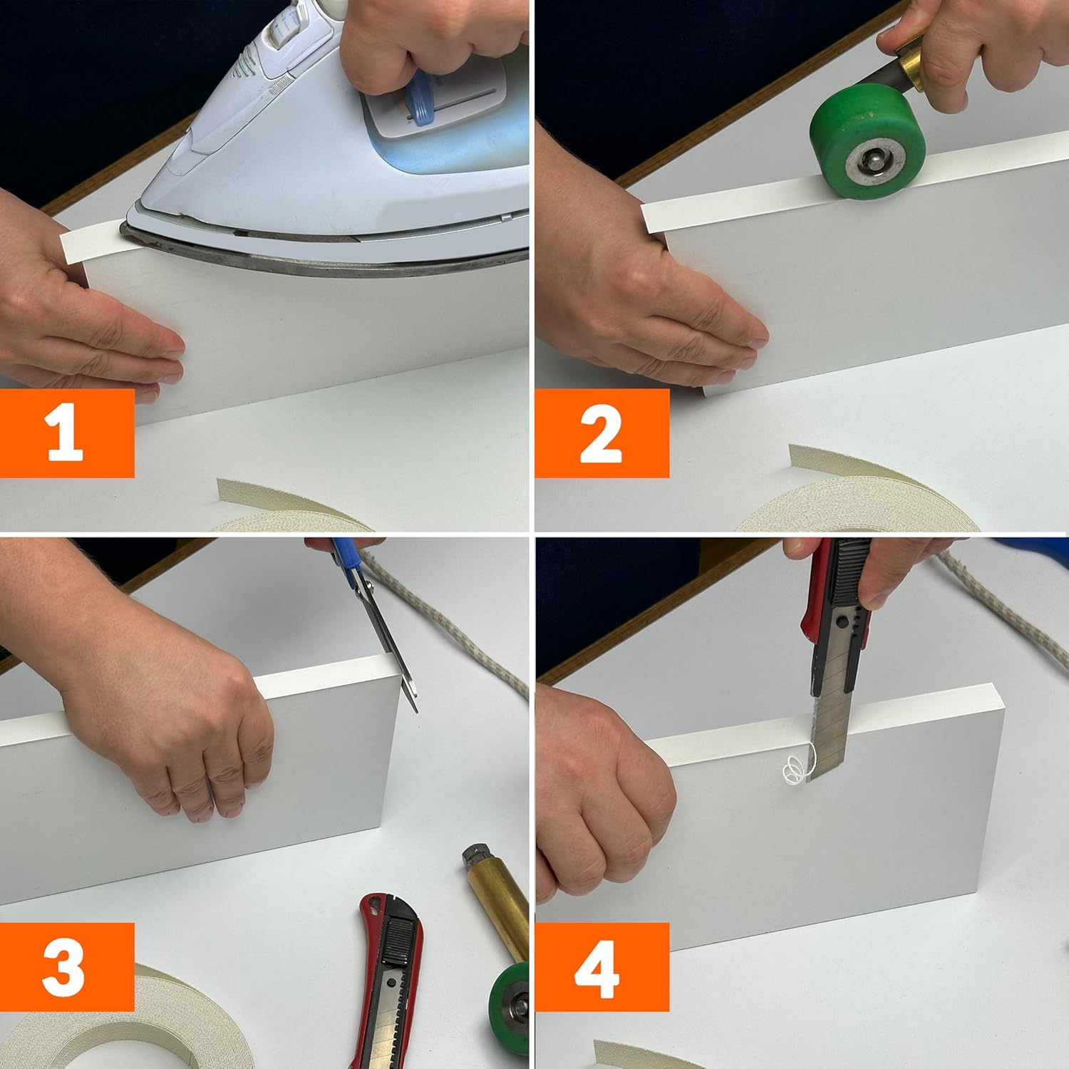 White Edge Banding 1 inch x 100 ft Melamine Iron On Adhesive Edging Cabinet Repair Laminate Shelf Plywood MDF Table Board Formica Countertop Furniture Pre Glued Flexible Strip Wood Veneer Tape