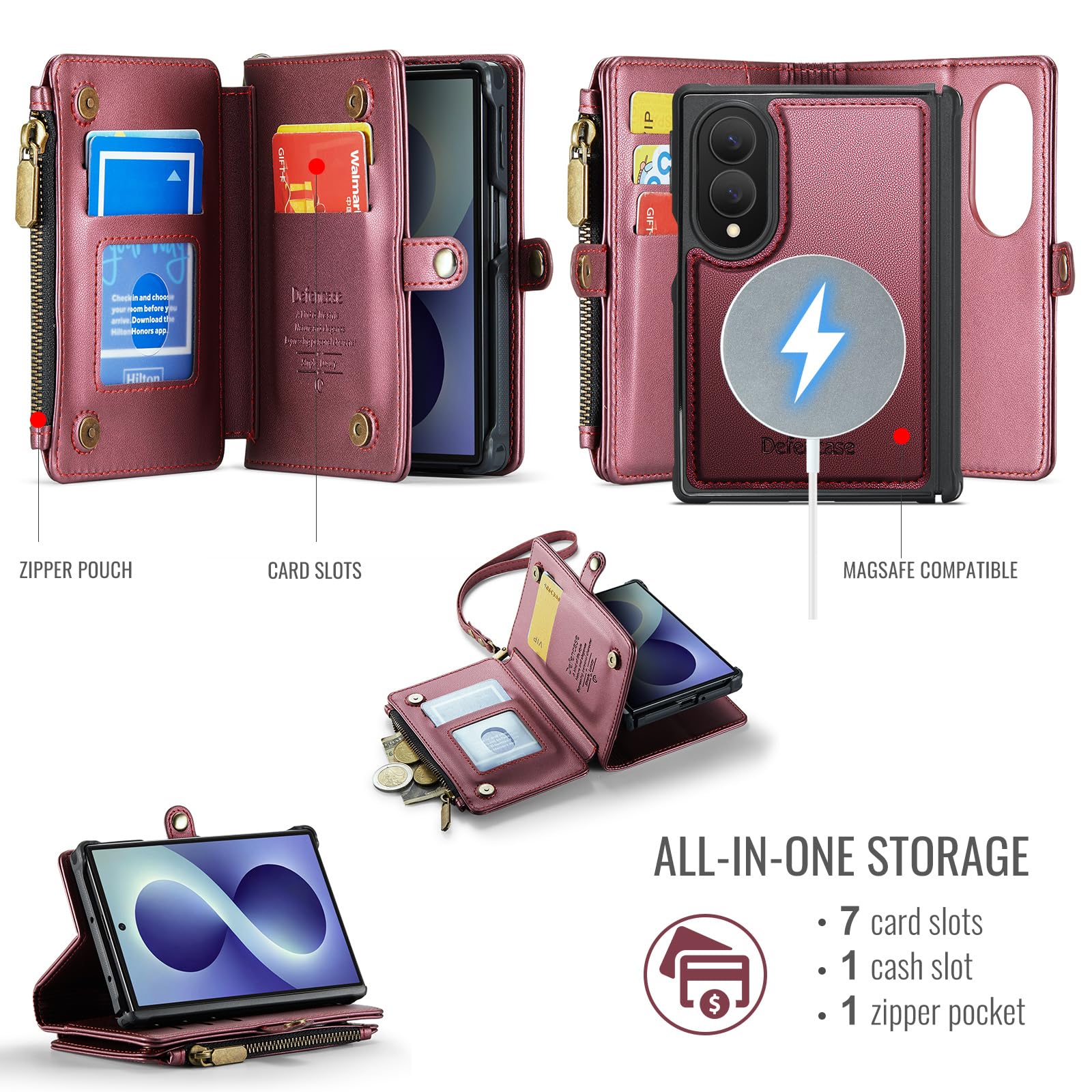 Defencase Funda tipo cartera para Galaxy Z Fold 8 compatible con Magsafe | Funda magnética desmontable para tarjetas RFID Bolcking con cremallera, piel sintética, a prueba de caídas para Samsung