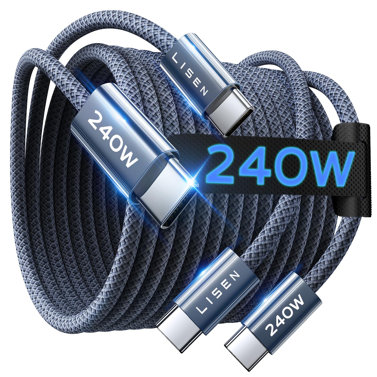LISEN USB C to USB C Cable 240W, [6.6ft 2Pack] Nylon Braided Type C Cable Fast Charge USBC to USBC High Speed Fast Charging Cord for iPhone 17 16 15 Pro Max Air Samsung MacBook iPad Air 4/5, Midnight
