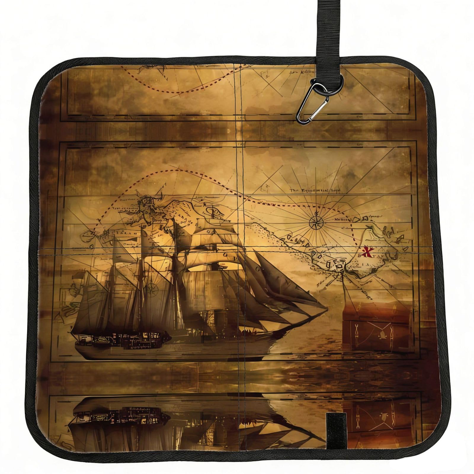 WBQLSL Sailing Pirate Theme Foldable Seat Cushion - Portable Stadium Pad with Carabiner for Camping Hiking Picnic Beach
