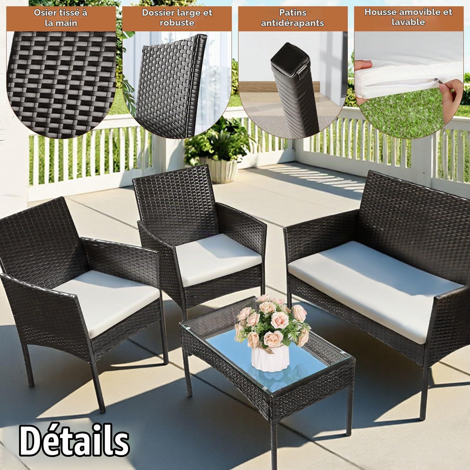 Ensemble de meubles de jardin 4 pièces en rotin synthétique avec table en verre, 2 fauteuils et canapé 2 places, salon compact avec coussins de 5 cm pour balcon, terrasse, jardin, noir