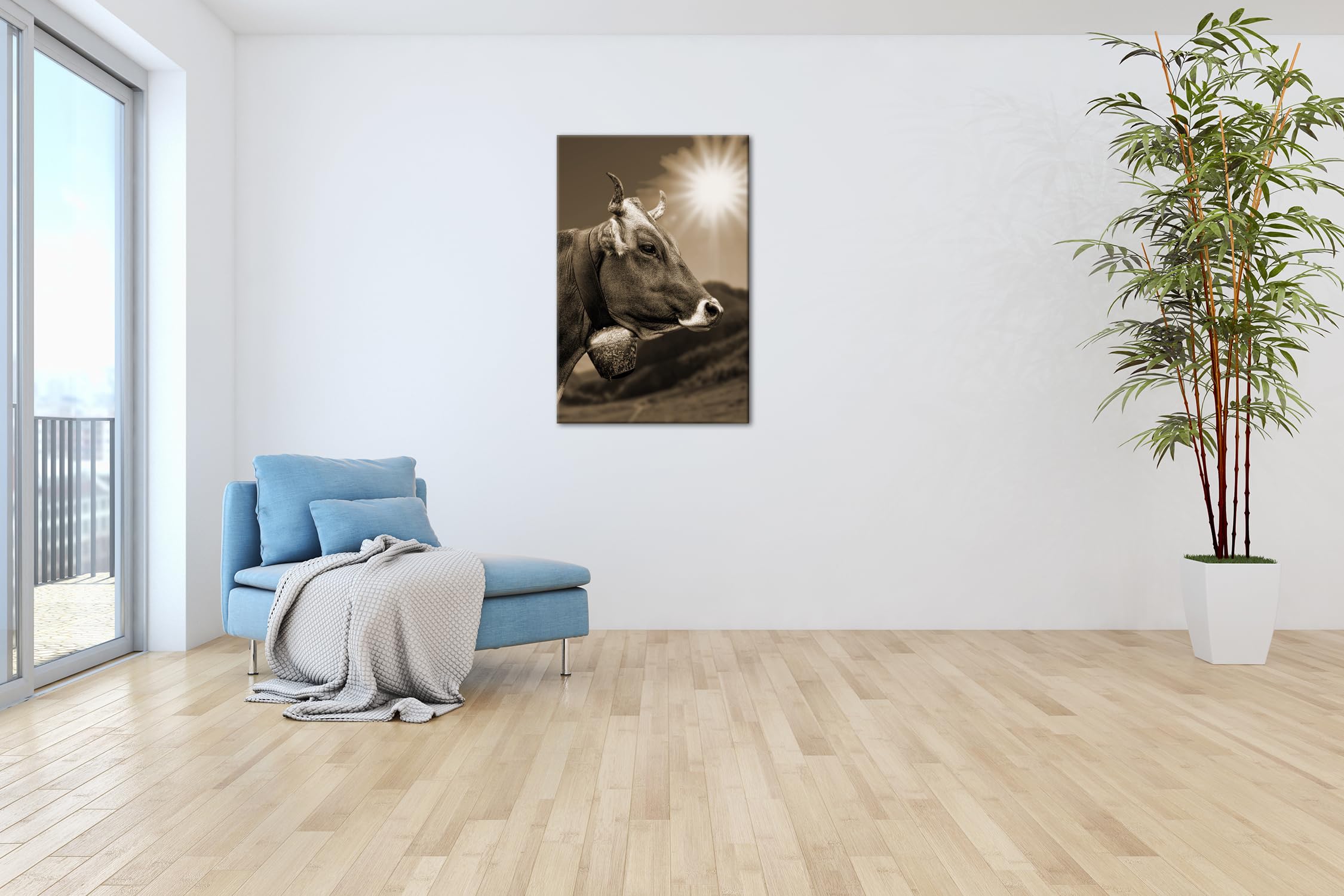 Elegante mucca alpina Formato: 120 x 80 Effetto: Seppia come tela, motivo già incorniciato su cornice in vero legno, stampa digitale di alta qualità con cornice, senza poster o manifesto