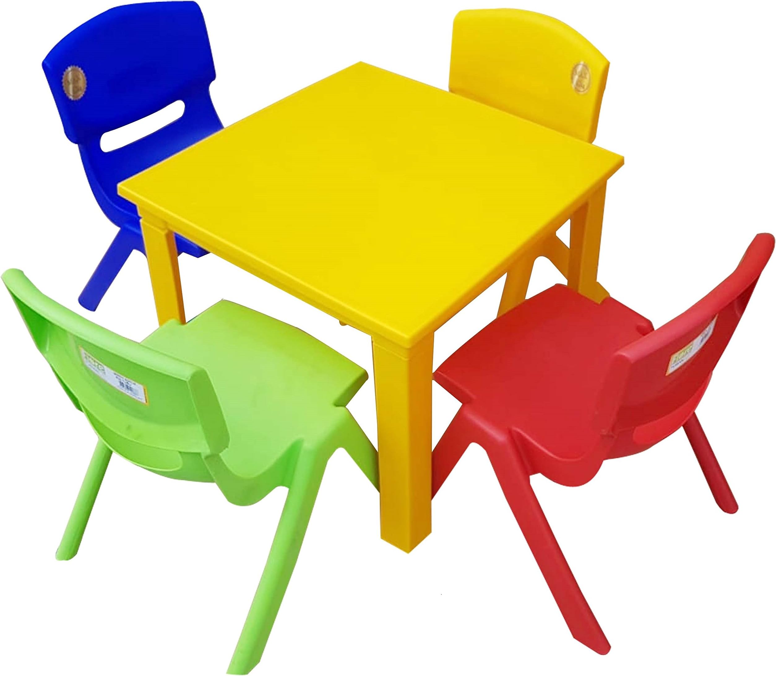 A406 Strong Kids Children Table and Chairs Set for Study, Activity Garden Indoor (Yellow Table + 4 Chairs Mix)