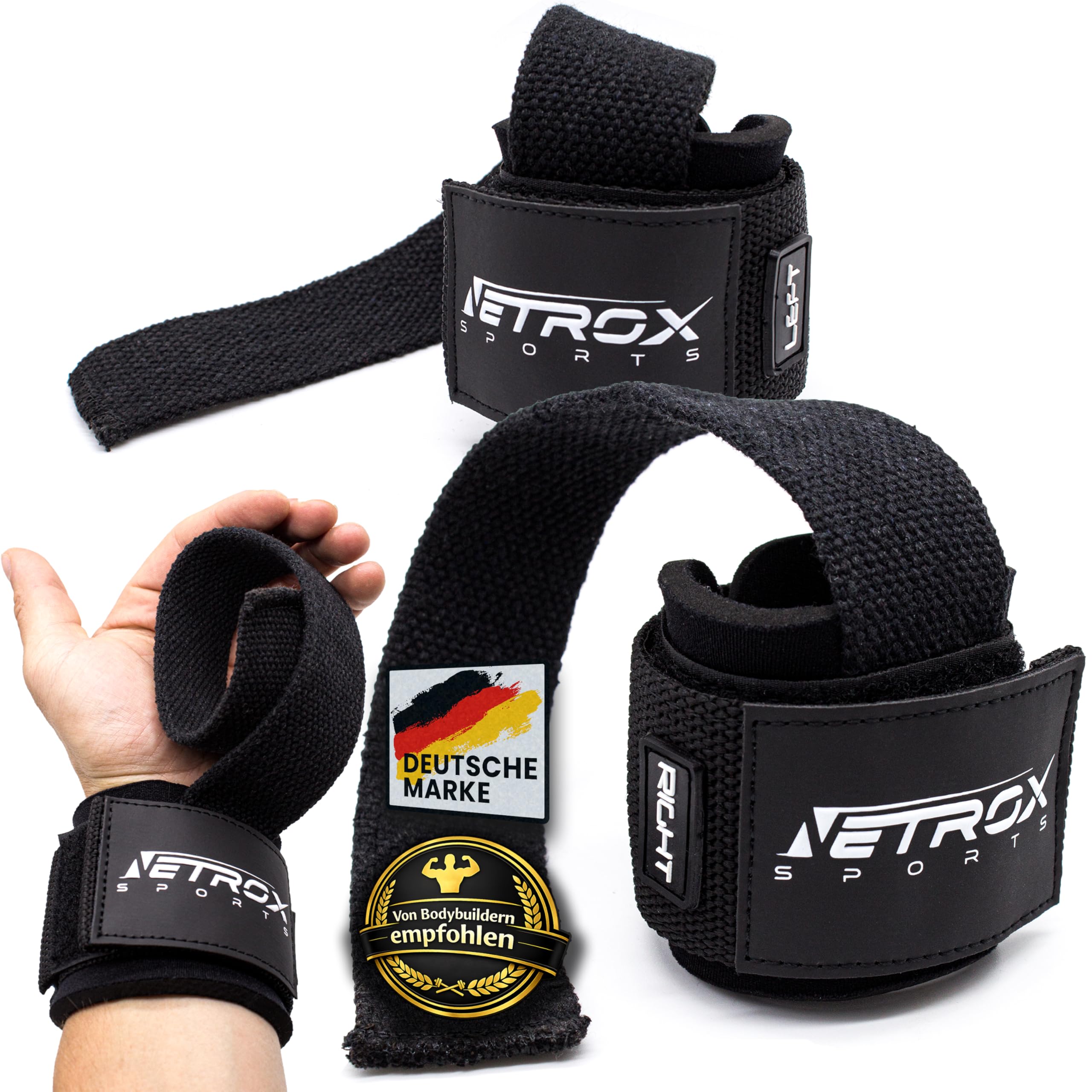 NetroxSports - Lifting Straps Fast Zughilfen für Krafttraining - Schnelles umwickeln | mit Handgelenkbandage - Kraftsport, Bodybuilding, Gym - Handgelenkschutz, Grip Zughilfe für Männer & Frauen