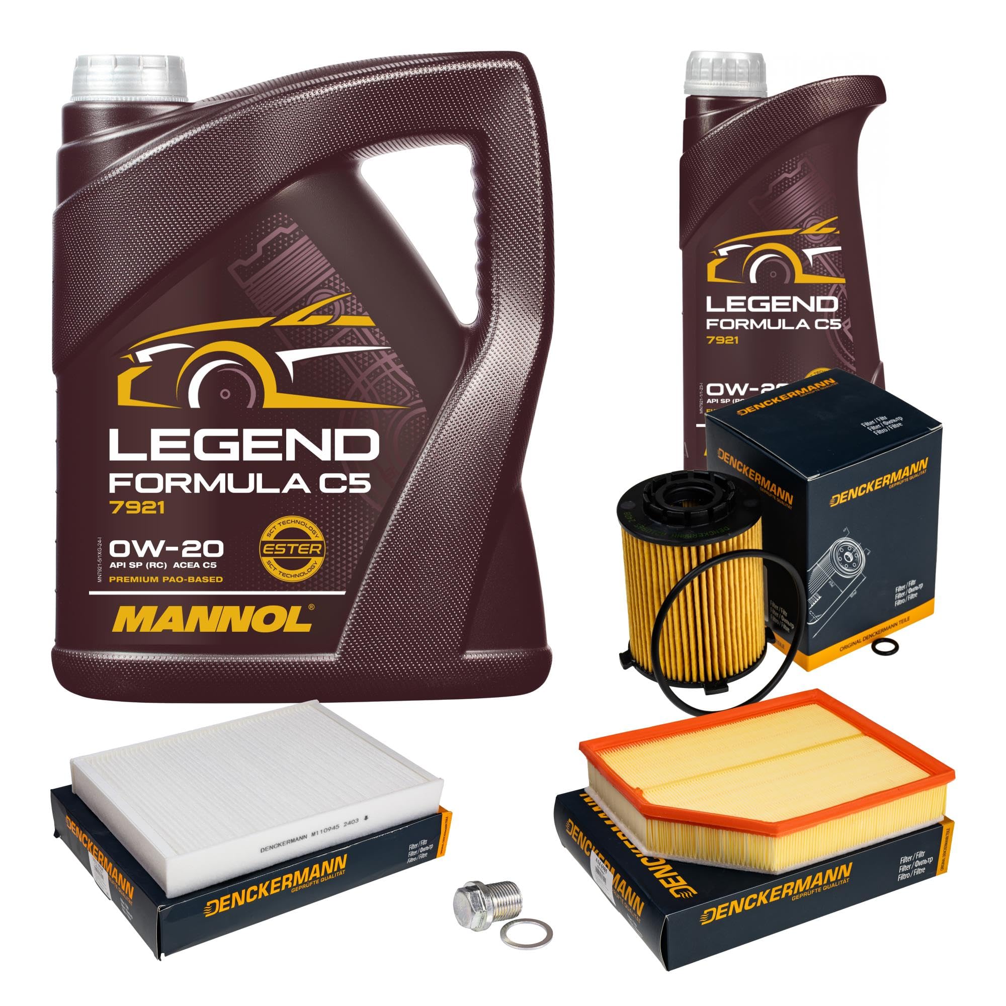Inspektionspaket enthält 6 L Motoröl 0W-20 Legend Formula C5 Ölfilter Luftfilter Innenraumfilter Verschlussschraube für XC60 II 246 2.0 B4 Mild-Hybrid AWD XC90 256 B5 D5 V60 225 227 T6