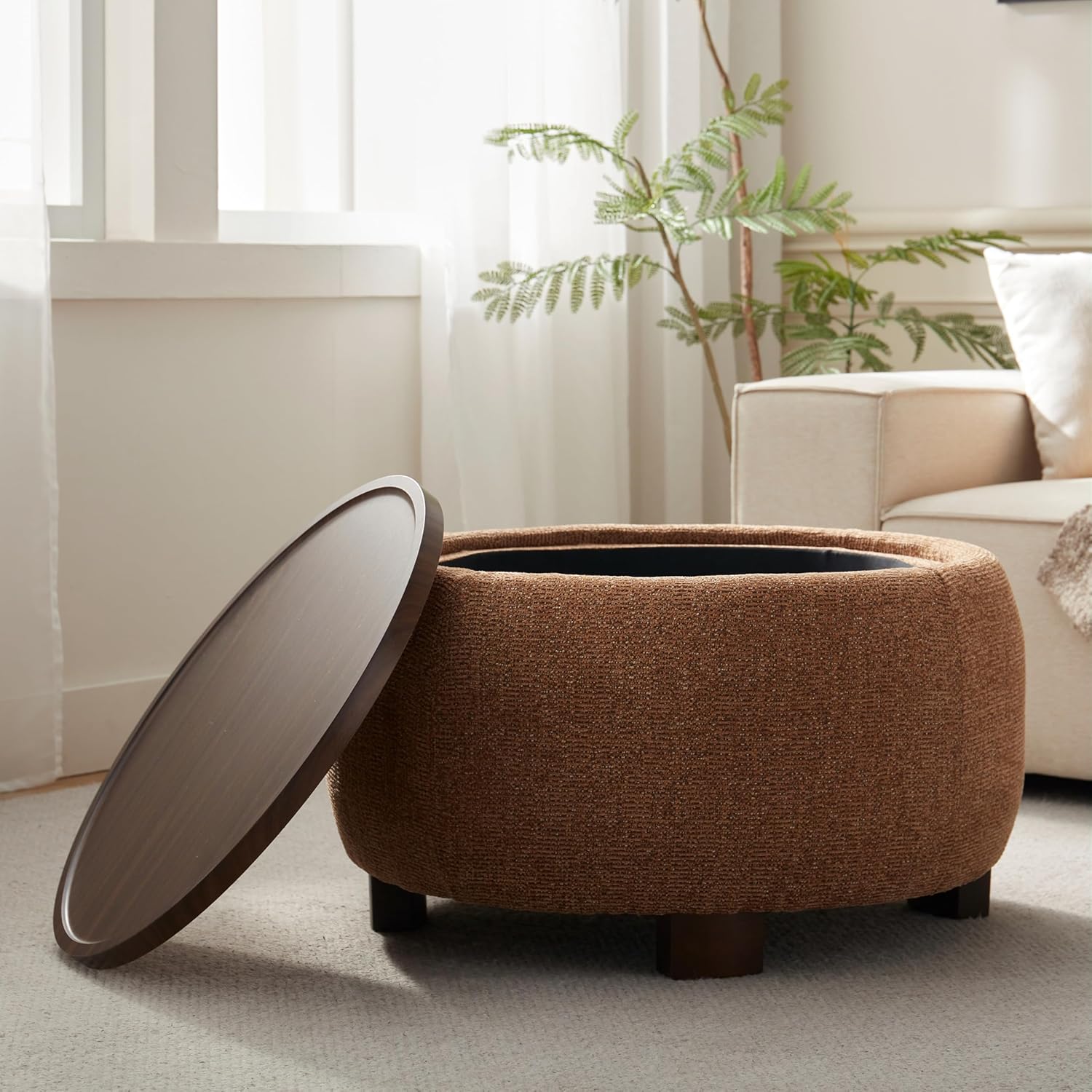 VKNOW Round Ottoman with Storage, 30" Upholstered Ottoman Table with Removable Wood Top and Solid Wood Legs for Living Room, Bedroom, Apartments, Orange