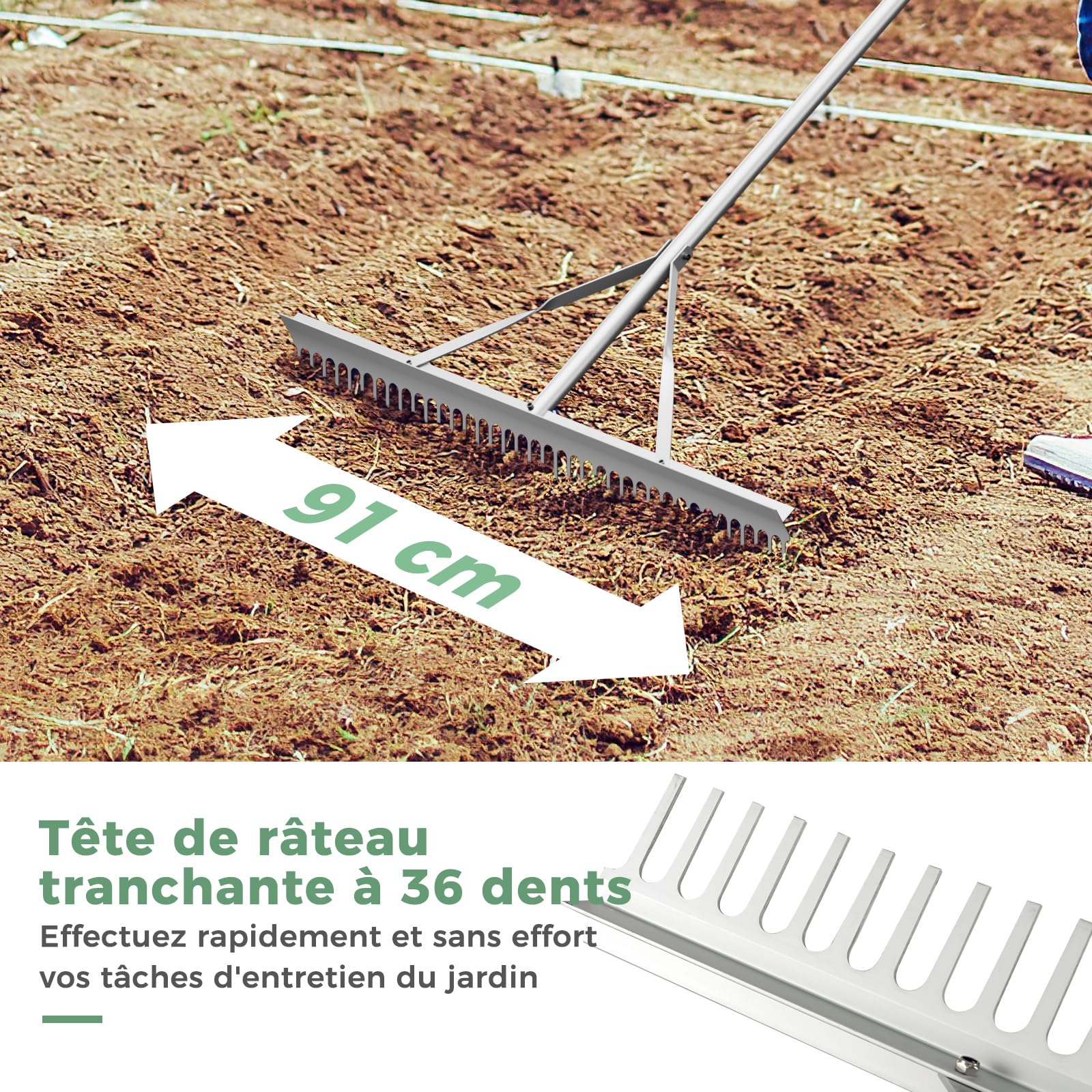 COSTWAY Râteau de Jardin en Aluminium avec Large Tête de 91 cm, Rateau de Paysage avec Manche de 174 cm de Long et 36 Dents, Outils de Jardin pour Bord du Lac Étang et Plage