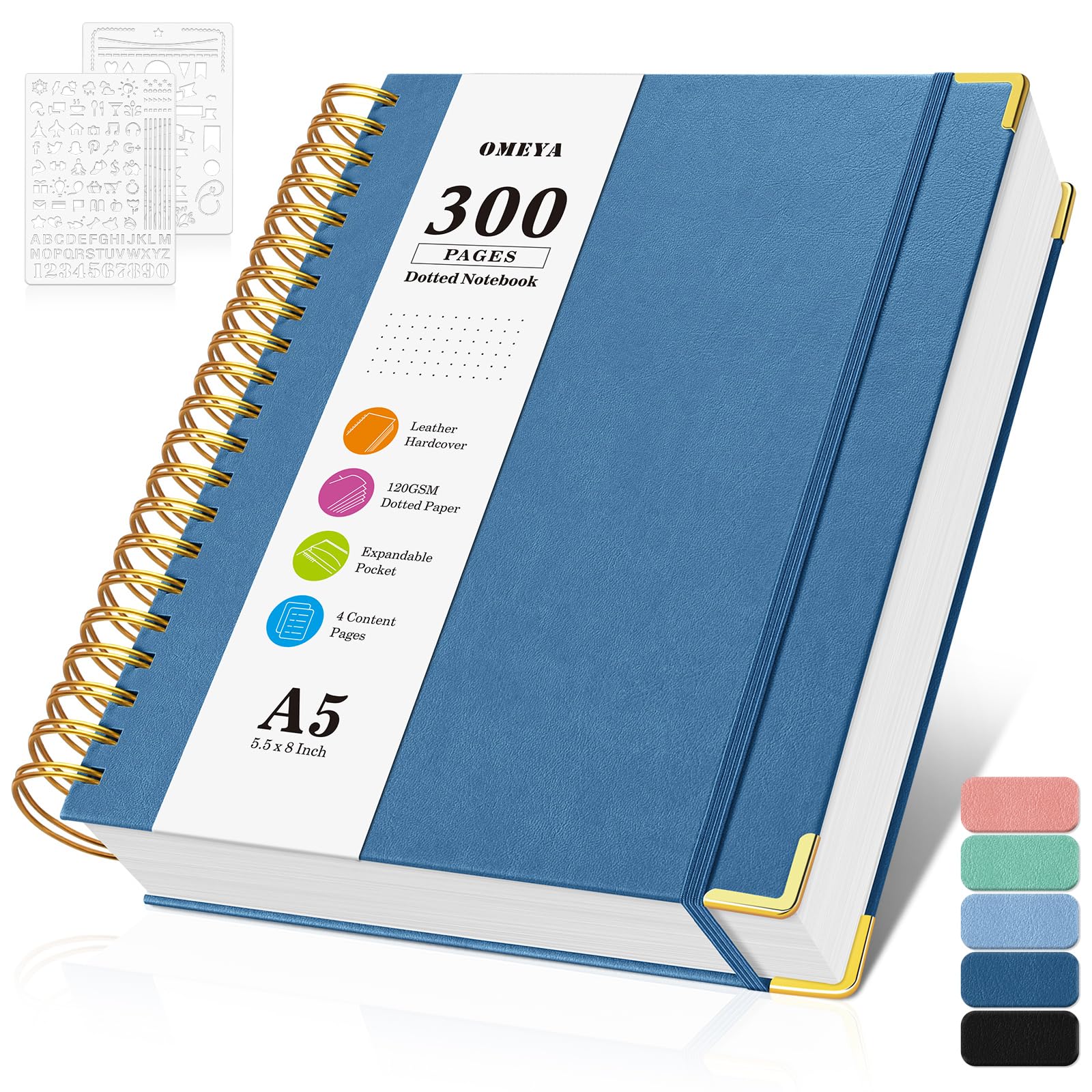 Bullet Dotted Journal Spiral Notebook, 300 Pages Leather Notebooks with Contens, 120 GSM Thick No Bleed Through Paper Journals, A5 Dot Grid Notebook