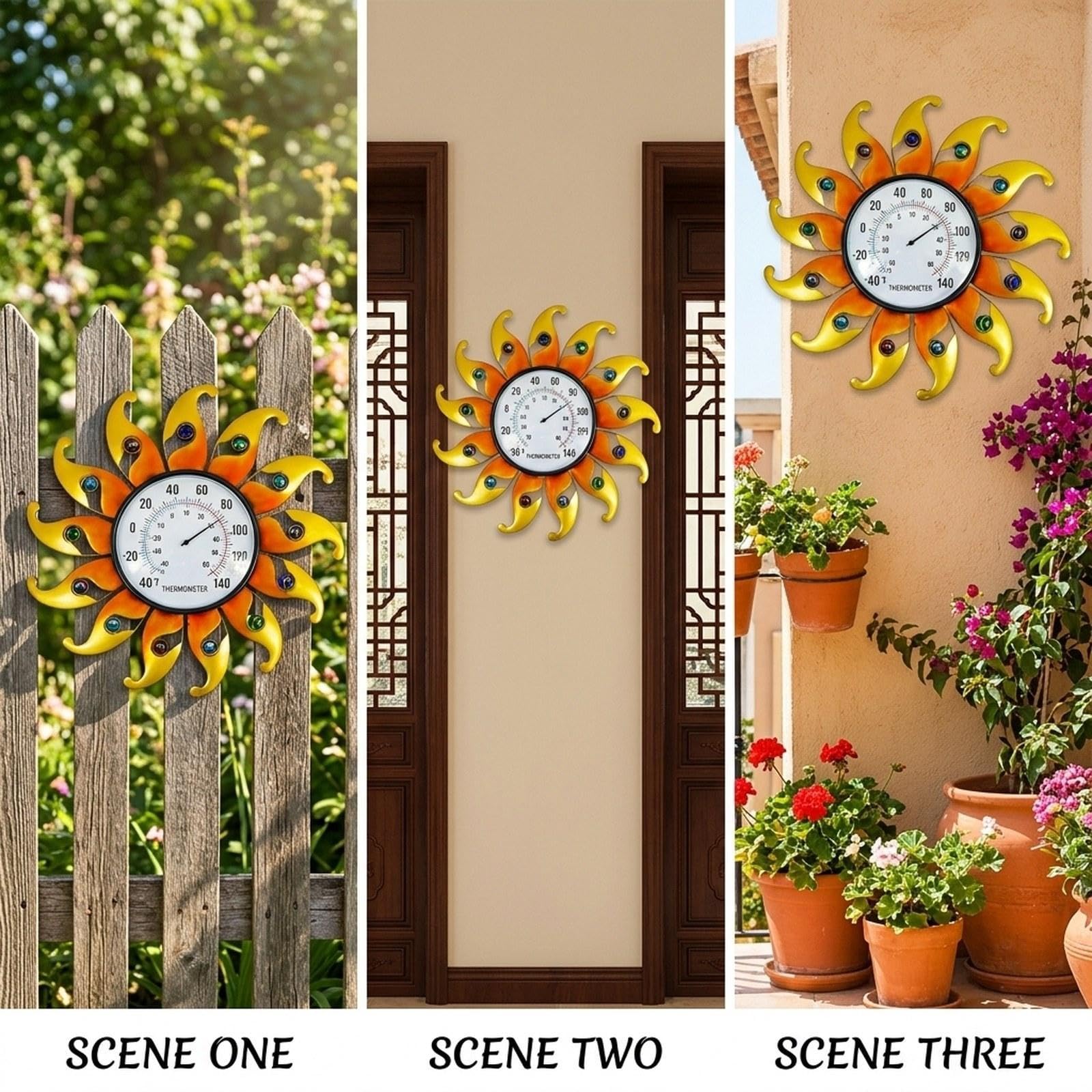 Exterior Retro, de Pared, Esfera Metálica con Forma de Girasol, Medidor de Clima para Interiores Y Exteriores, Resistente, Naranja Amarilla