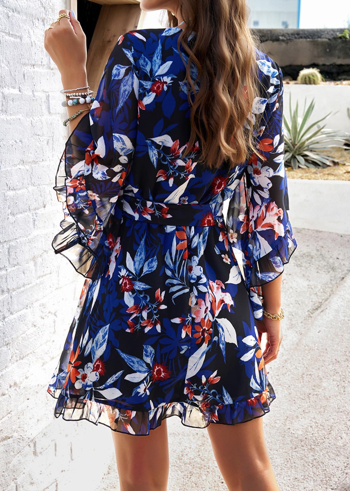 LAZIRO Abiti da Donna Primavera-Estate con Scollo A V E Manica Corta Svasata per Pendolari, Eleganti Abiti Stampati con Cravatta