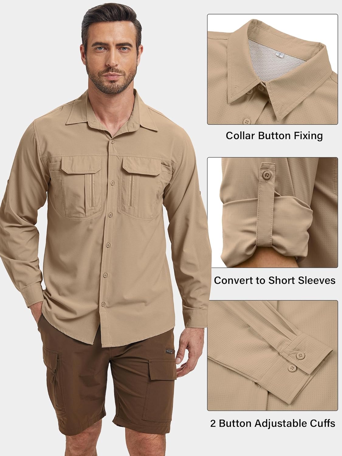 Men's Safari Shirt Long Sleeve UPF 50 Sun Protection Quick Dry Breathable Fishing Hiking Travel Shirt - Image 3
