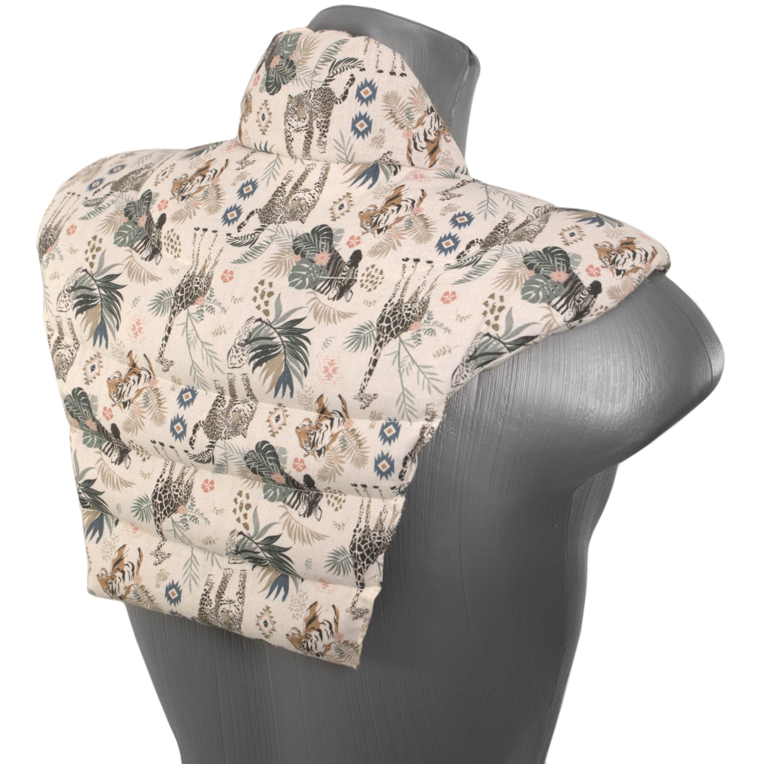 Cojín térmico para las vértebras cervicales – Cuello+hombros+espalda. Algodón biológico animales salvajes. Almohada térmica cervical con semillas de grosella. Saco caliente y frio. Cojín de nuca