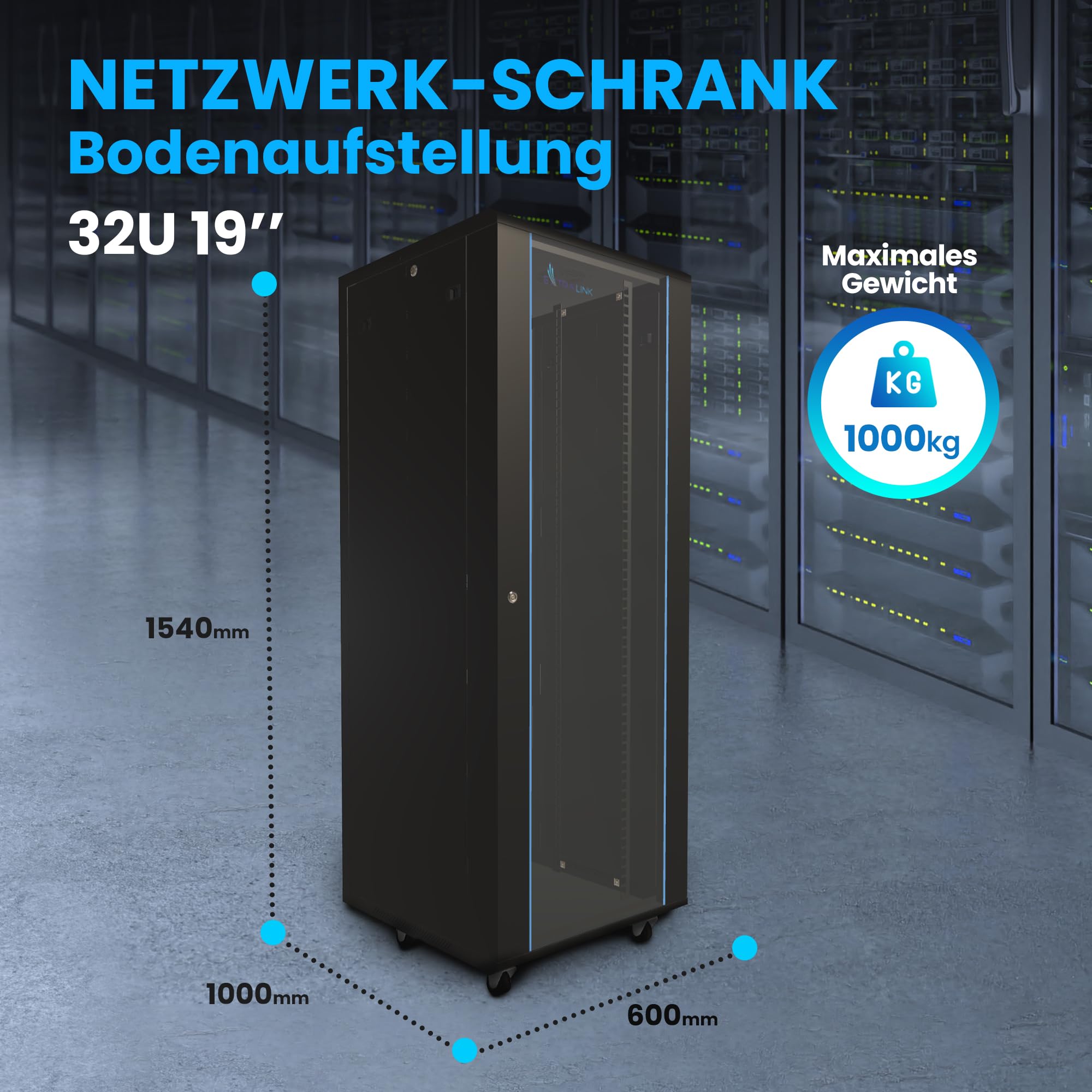 EXTRALINK 32U 600X1000, rack de pie, ideal para salas de servidores de red, control de CCTV, empresas, empresas de TI, instalación fácil, color negro.