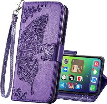 Wallet Case for iPhone 11,PU Leather Woman Flip Protective Phone Case Wrist Strap Card Slots Holder Pocket Emboss Butterfly Flower Stand Case for iPhone 11 6.1 Inch Purple