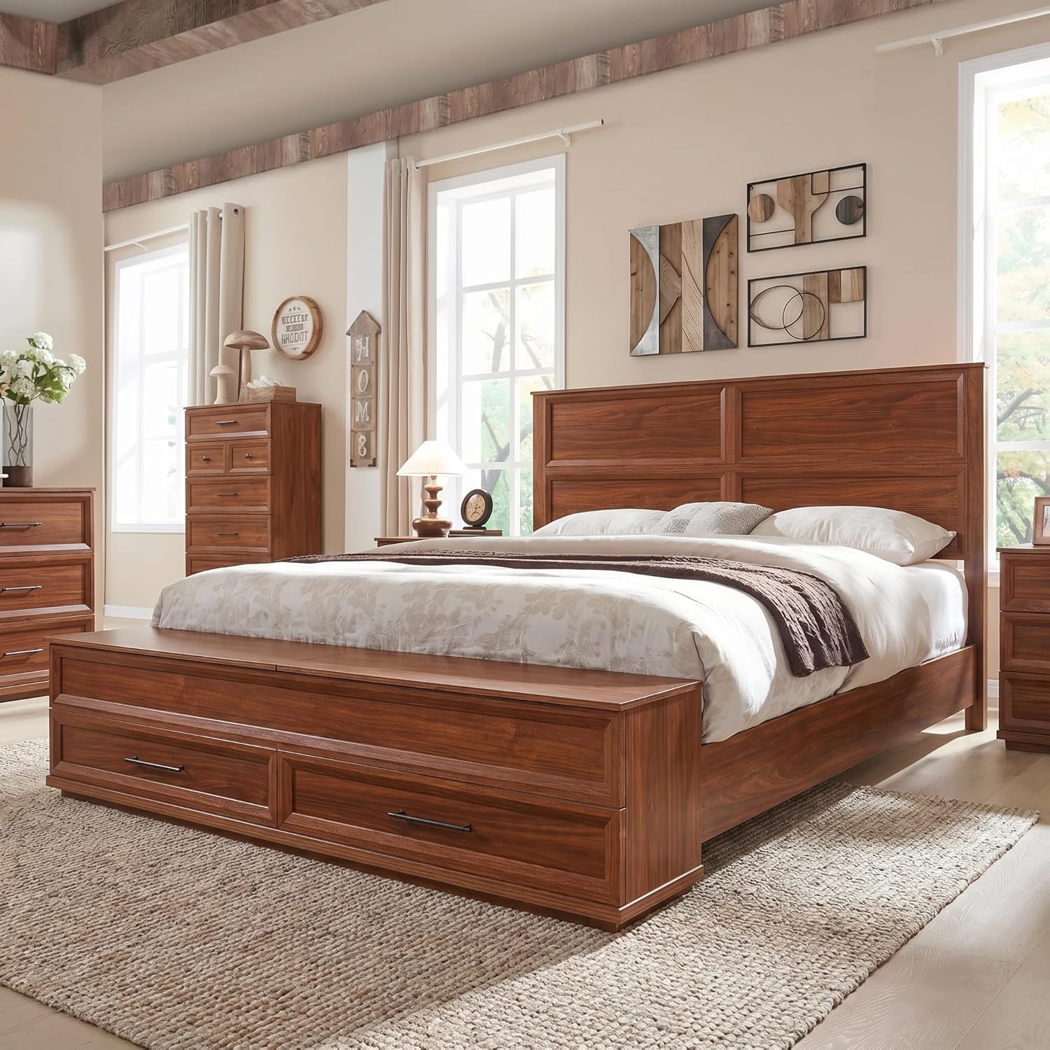 Farmhouse Geometric King Size Bed Frame with 52" Tall Storage Bookcase Headboard, Wood Platform Bed Frame with 80''Storage Chest, Modern King Bedframe No Box Spring Needed, Walnut Brown