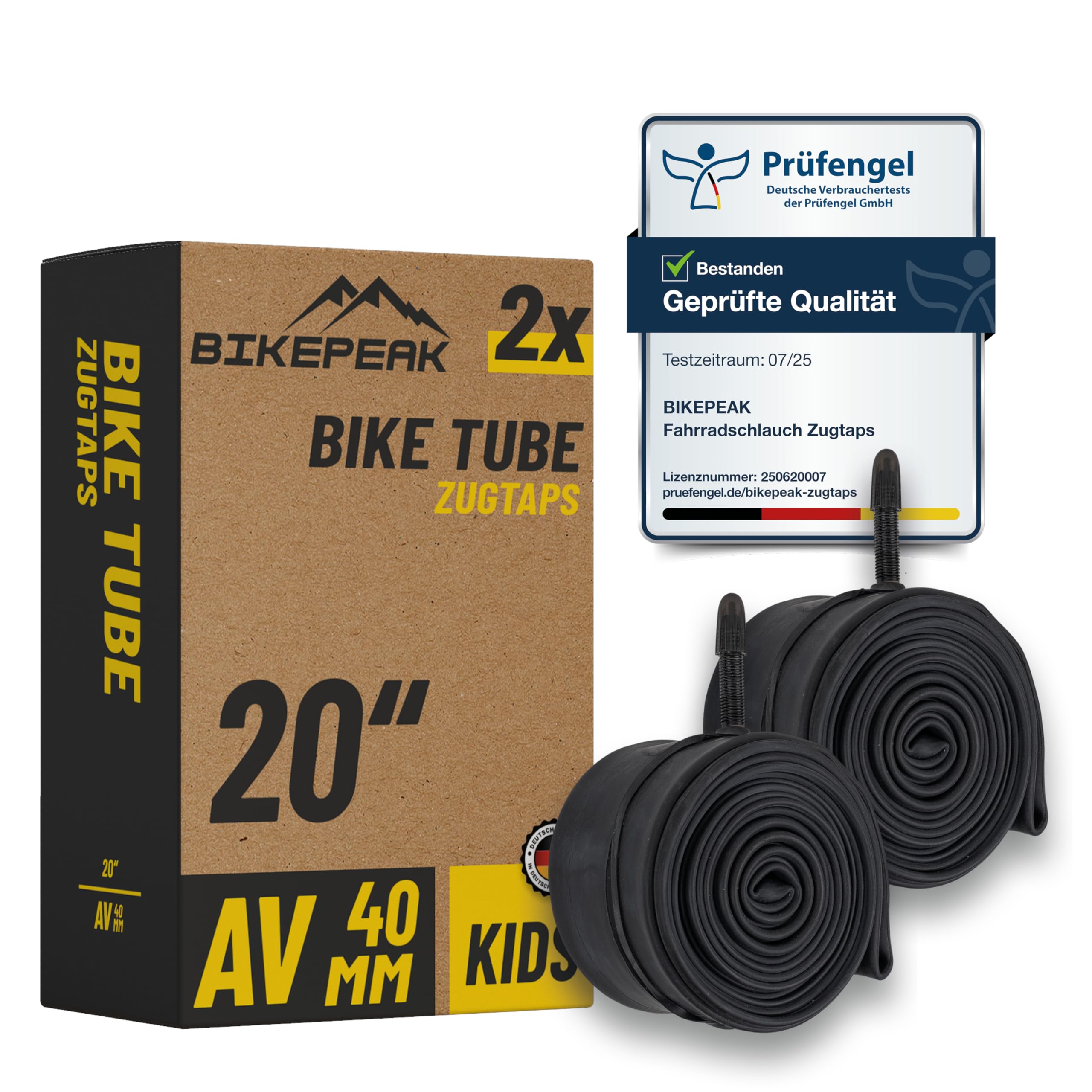 BikePeak 2X Kinder Fahrradschlauch 20 Zoll mit schwarzem Autoventil 40mm - Schlauch AV Schrader Ventil, ETRTO 40/62-406, 500A - 2er Set Schläuche Zugtaps Kinderfahrräder, BMX, Tretroller, Kickboard