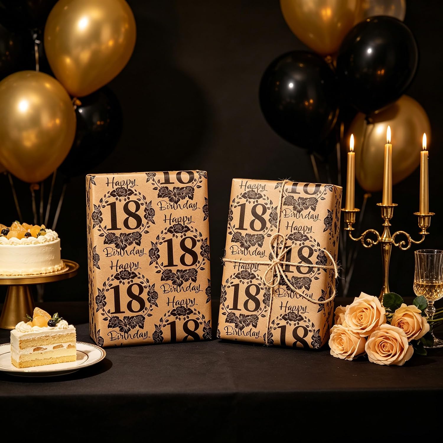 Dlyrroba 18th Birthday Wrapping Paper Roll - Kraft Vintage Black Text Floral Design Gift Wrap for Birthday Party Holiday 17 Inch x 16.5 Feet image 2