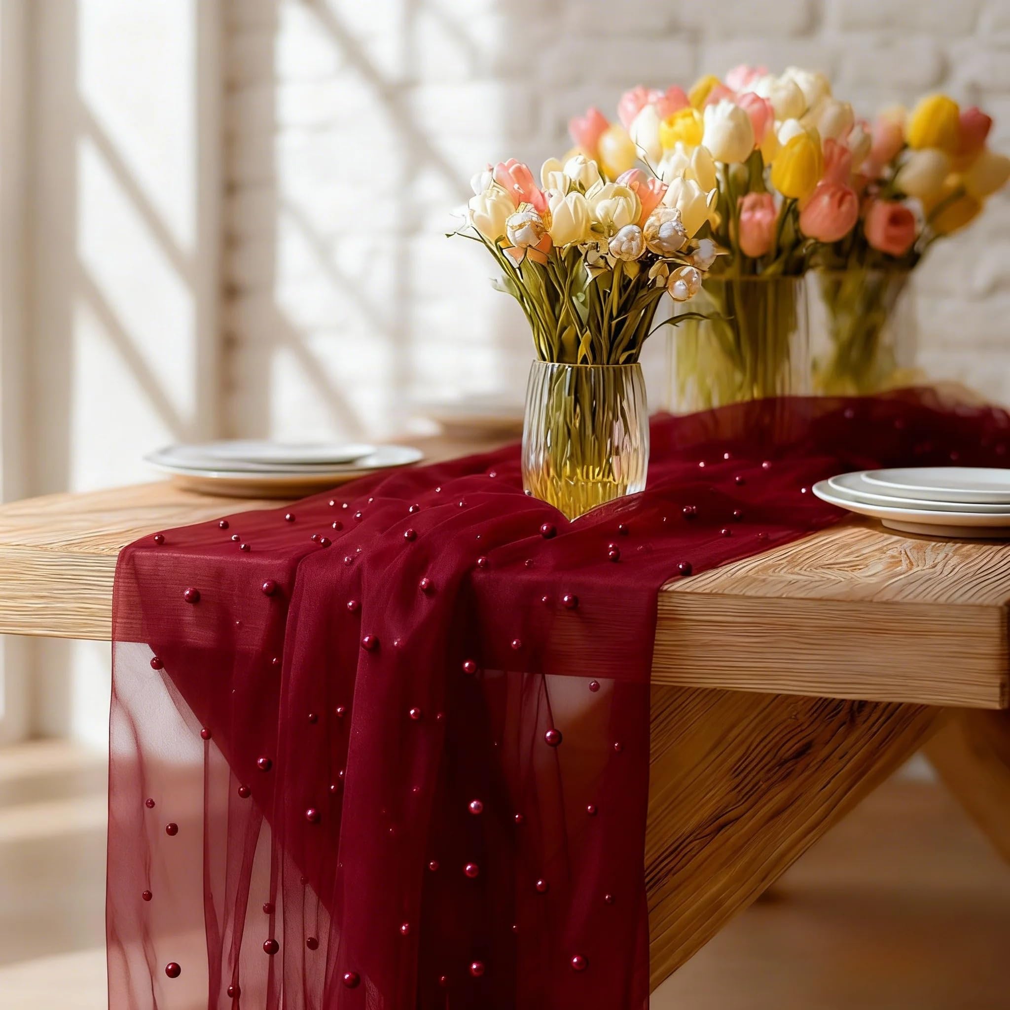 An Extra long Burgundy Pearl-embellished Tulle Table Runner For Weddings, Bridal Parties Holiday Decorations