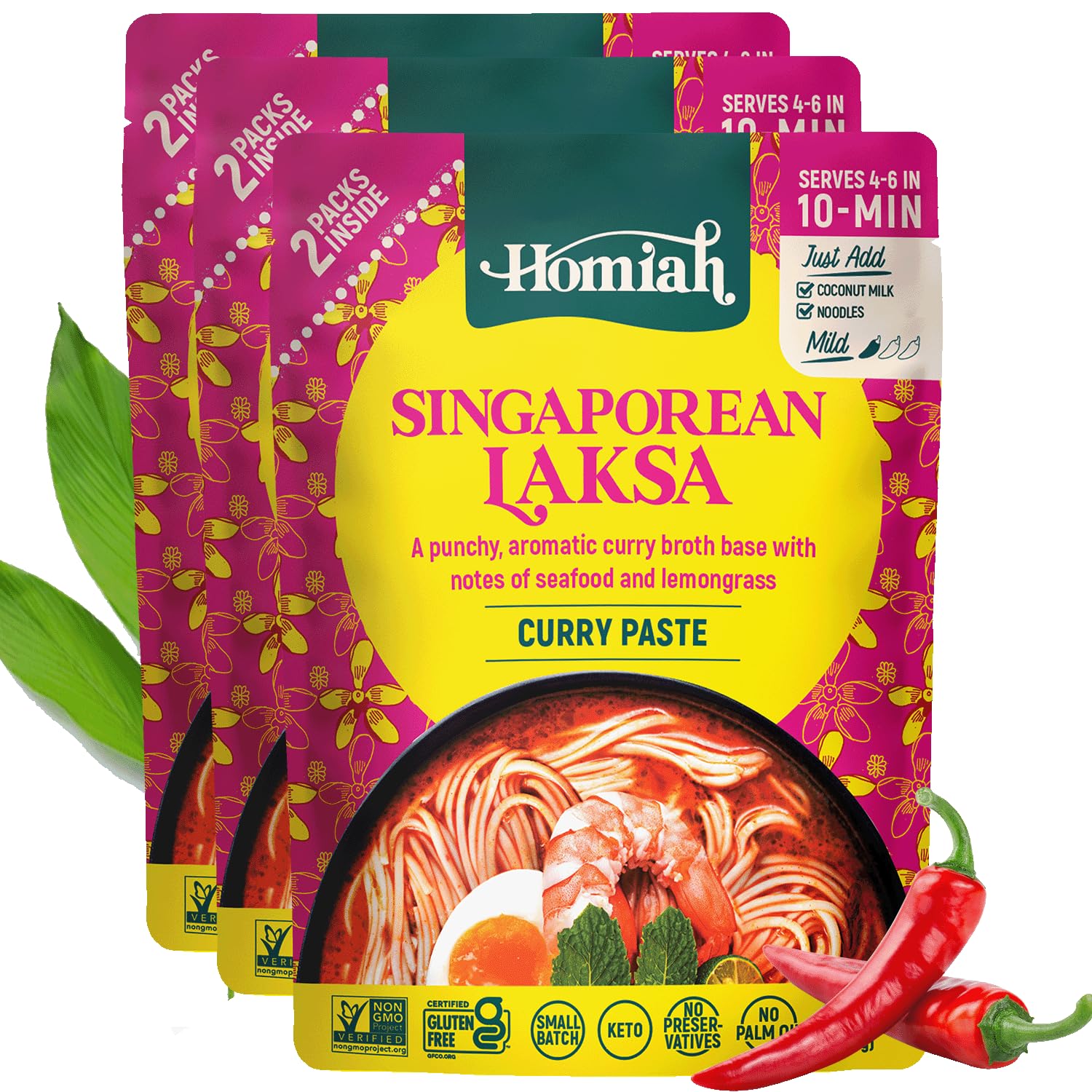 Homiah Laksa Curry Paste (Value 3 Pack x 7 Oz) – Gluten Free, Non-GMO Malaysian Curry Paste – Laksa Curry Paste, Thai Essentials for Kitchen – Premium
