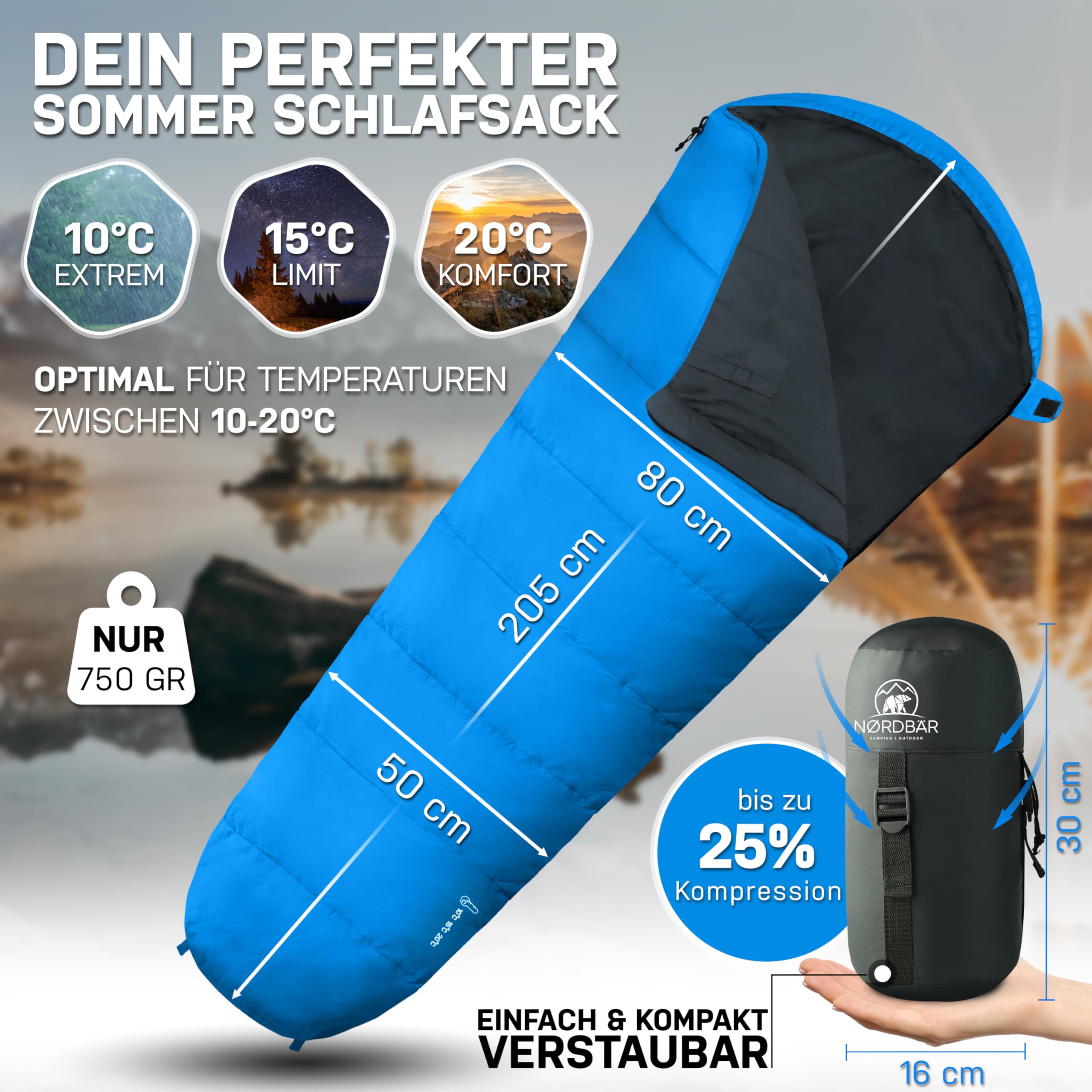 NORDBÄR® Schlafsack 3 Jahreszeiten & Sommer Ultraleicht [750g/1500g] | Camping Mumienschlafsack | kleines Packmaß [100GSM/300GMS] | Outdoor Reise Hüttenschlafsack| Sommerschlafsack
