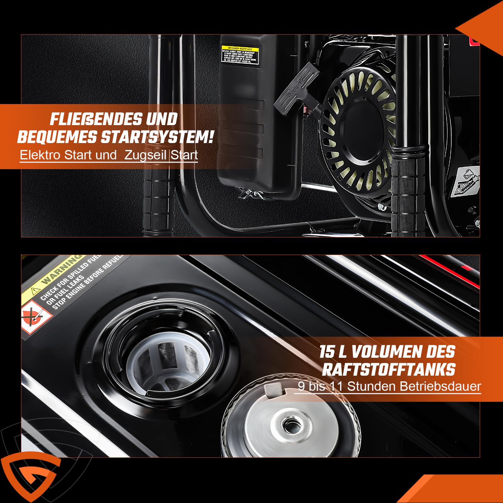 Benzin Stromgenerator mit E-Start | 4-Takt Benzin Motor mit 12PS | 5000W Leistung | 274mm Hubraum | 2x 230V | 12V Anschluss | 15L Tank | AVR-Technologie | inkl. Fahrvorrichtung