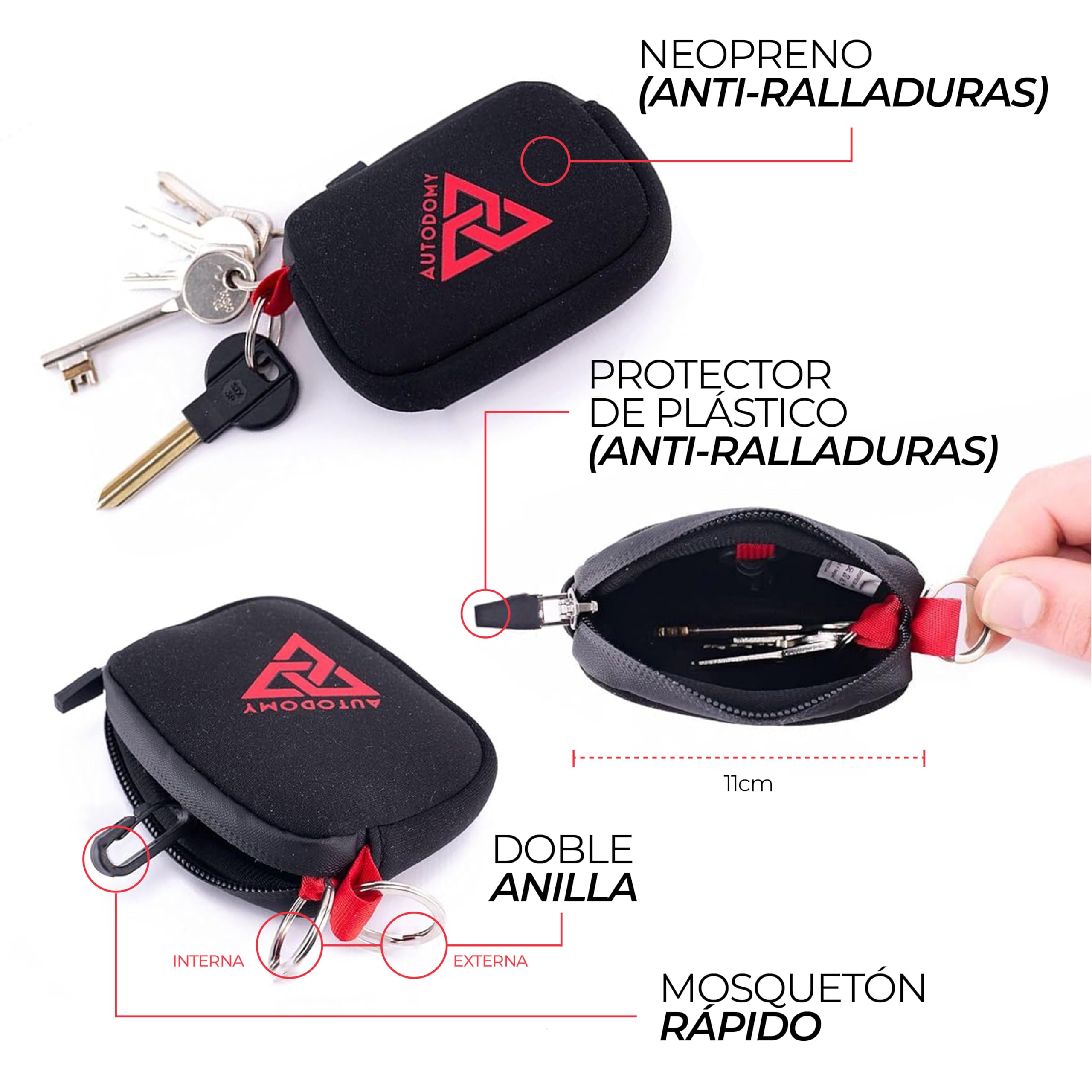Autodomy Llavero para Moto Impermeable Neopreno Negro Rojo Porta Llaves con Anilla Mosquetón