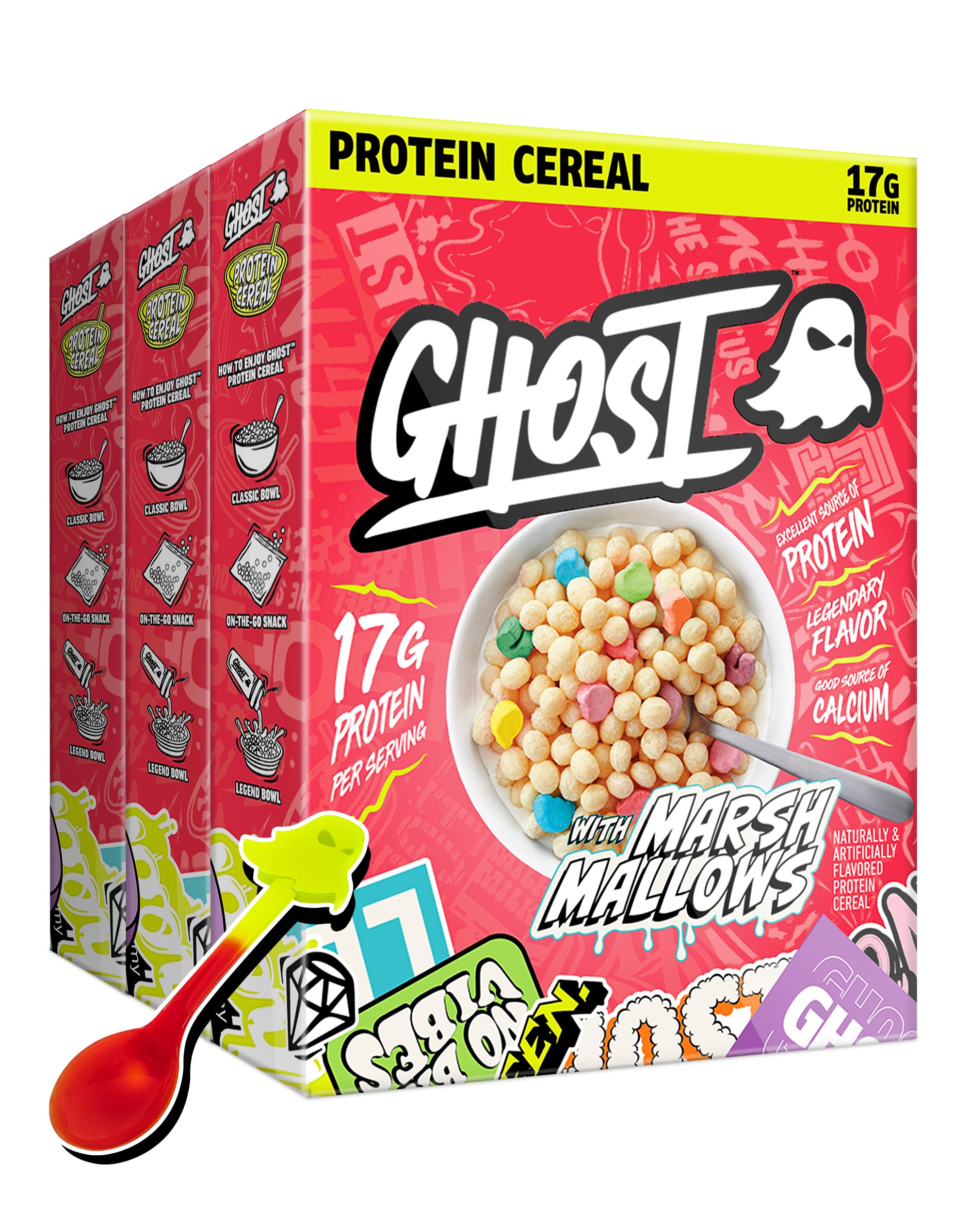 GHOST Protein Cereal, Marshmallows (3-Pack) - Contains Lucky Charms Marshmallows - 17G Protein, Good Source of Calcium - Breakfast Cereal & Snack - 9.4oz Box