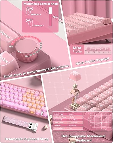Miniatura 4 de Womier Teclado 60% QMKVIA, teclado mecánico para juegos rosa cremoso, montaje en junta intercambiable en caliente, tablero de teclas de jade con