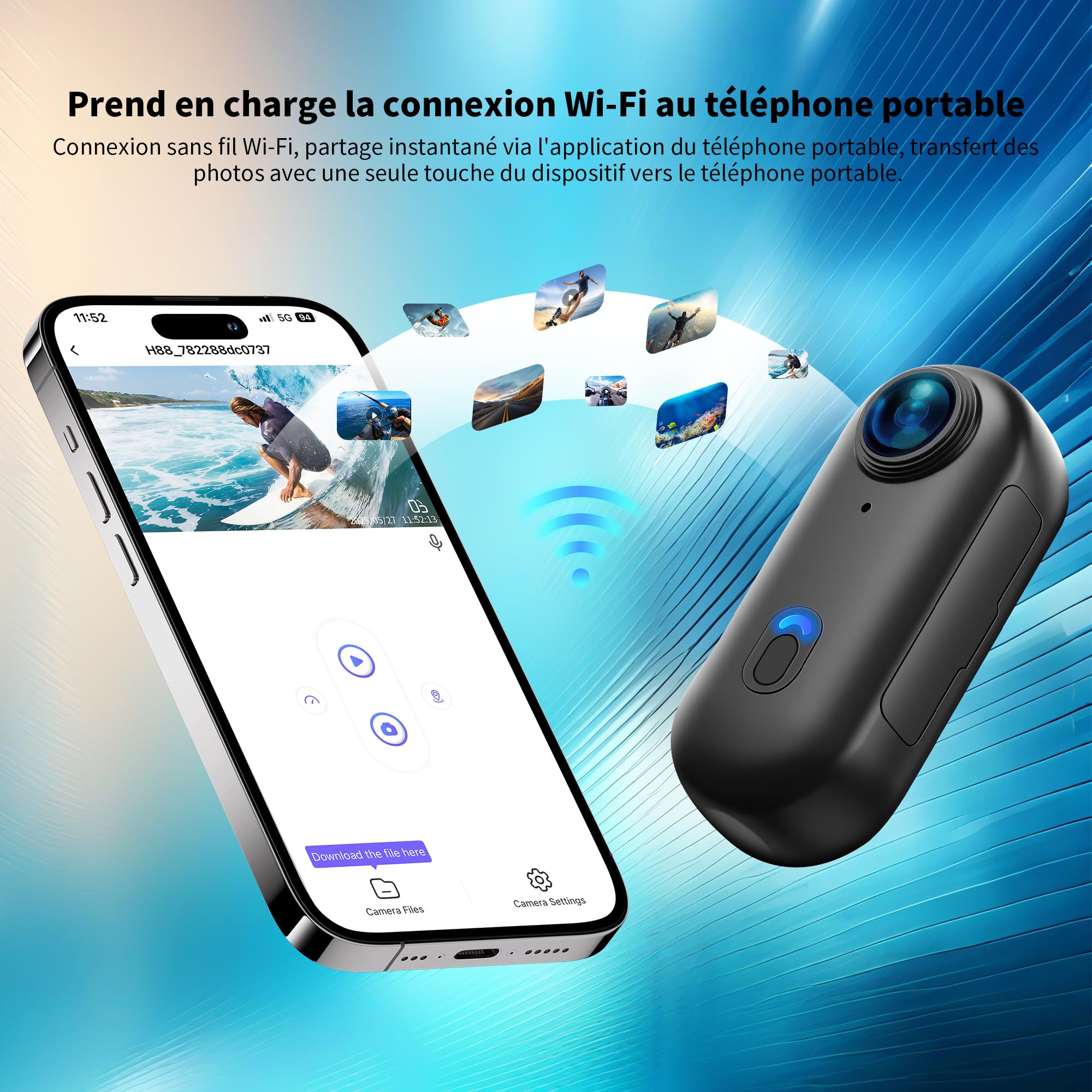 Mini Caméra Sport 4K WiFi, 360° Camera Vlog, Caméra d'action pour Casque de Moto, Bodycam Portable Étanche jusqu'à 30M, Accessoires Multifonctionnels