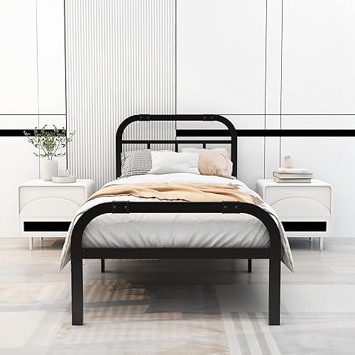 Miniatura 3 de alazyhome Plataforma de metal resistente tamaño individual XL, base de cama con cabecero y estribo, soporte de acero resistente, no necesita somier,