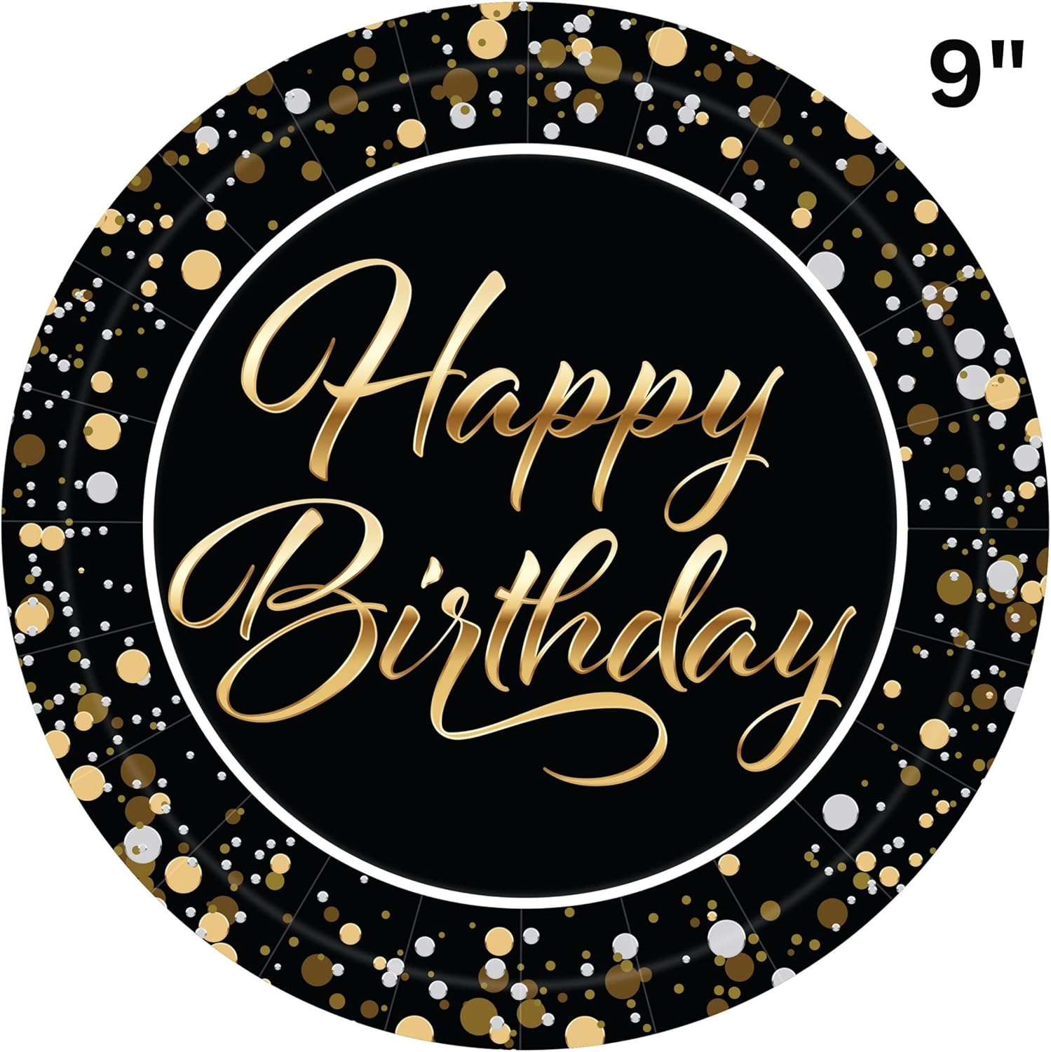 Beistle Happy Birthday Paper Plates – 16 Pack, Black and Gold Elegant Party Tableware with Script Lettering and Confetti Design, Round Disposable Dessert & Meal Plates for Milestone Celebrations, 9"