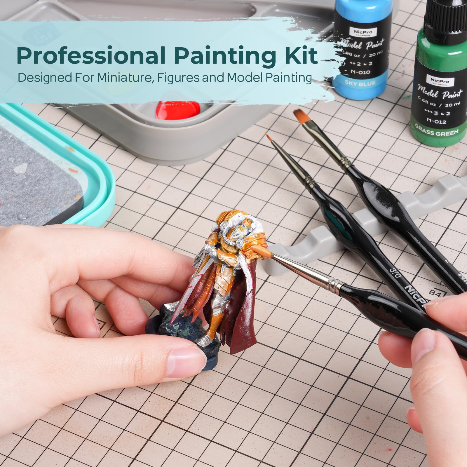 Nicpro Kit de peinture miniature avec palette humide, 11 pinceaux de détail, 100 feuilles de papier humide, 4 éponges, porte-pinceaux, palette d'économie de peinture pour maquette