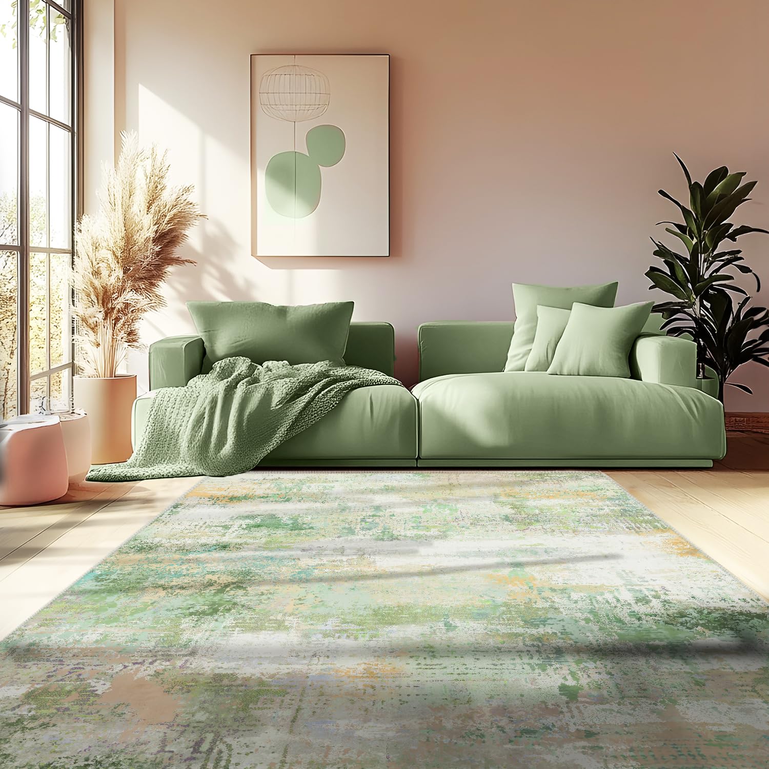 MAST DOO Washable Rugs Living Room Large 140x200cm, Area Rug Modern Abstract Rugs for Bedroom Soft Short Pile, Machine Washable Rug Non-Slip Dining Room Nursery Lounge Home Office Decor, Yellow Green