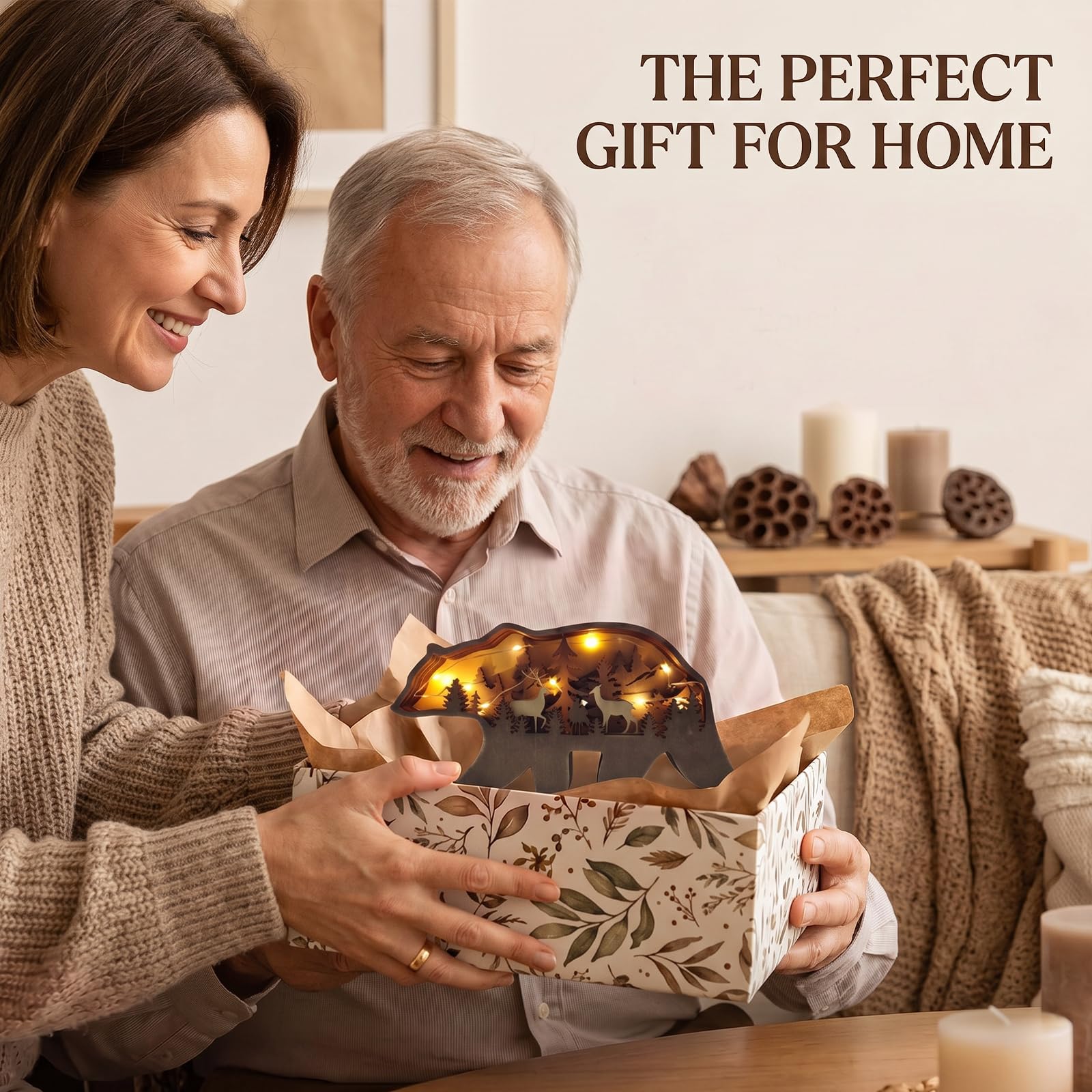 Drawelry Lámpara 3D de madera tallada en forma de animales - Decoración de interior - Oso lindo - Familia de elefantes - Idea de regalo para Navidad, salón, oficina - Luz nocturna LED cálida - Regalo