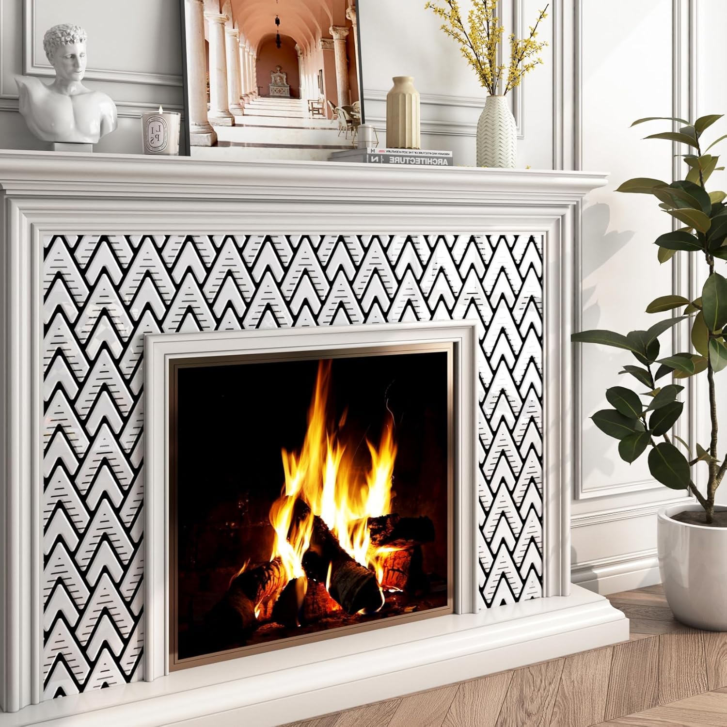 FunStick 15 Sheets Black and White Peel and Stick Backsplash 12"x12" Removable Herringbone Back Splash Tiles for Kitchen Peel and Stick on Tile Backsplash for Kitchen Stove Bathroom Wall Tile Stickers